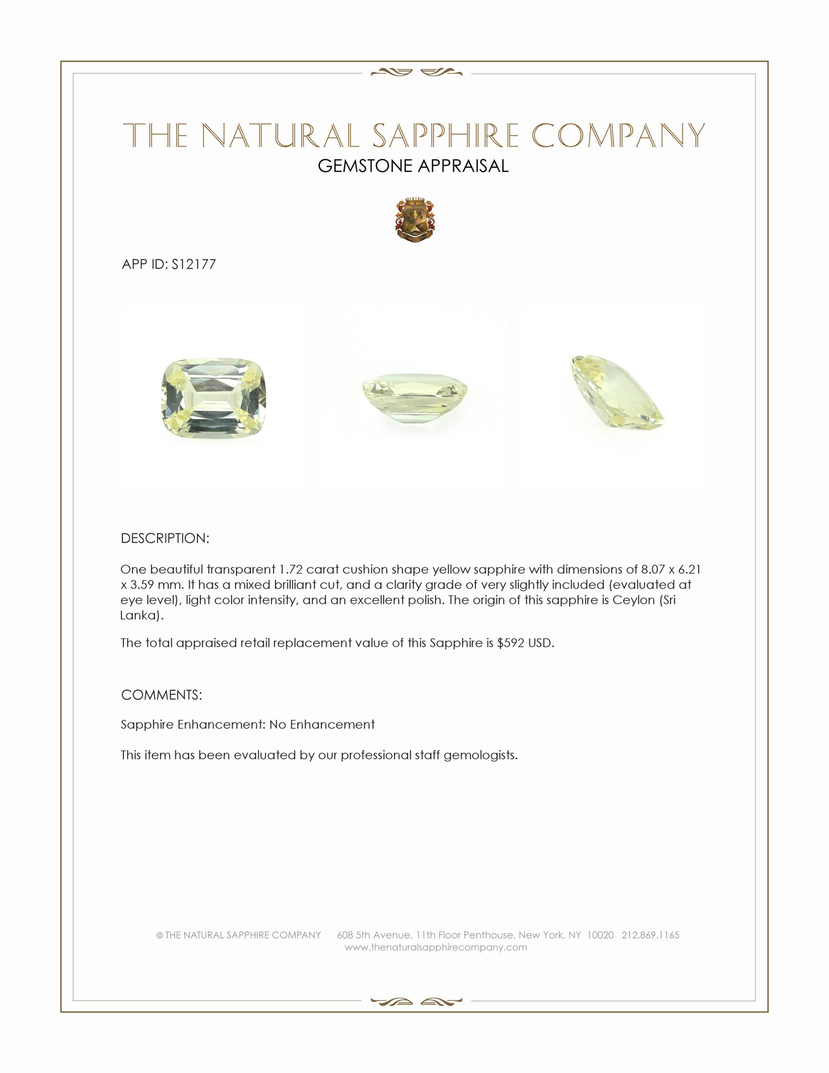 1.72 Ct. Yellow Sapphire from Ceylon (Sri Lanka)