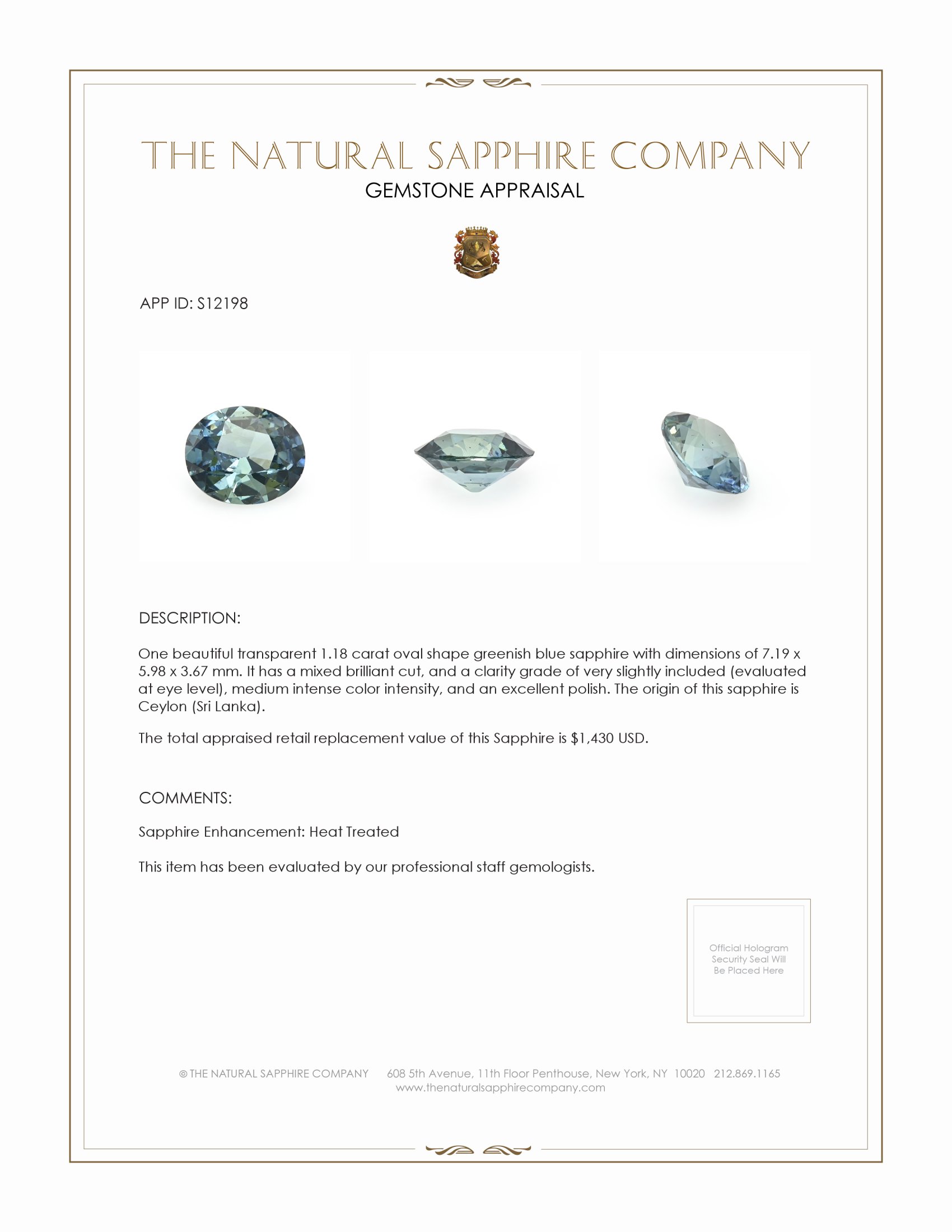 1.18 Ct. Greenish Blue Sapphire from Ceylon (Sri Lanka)