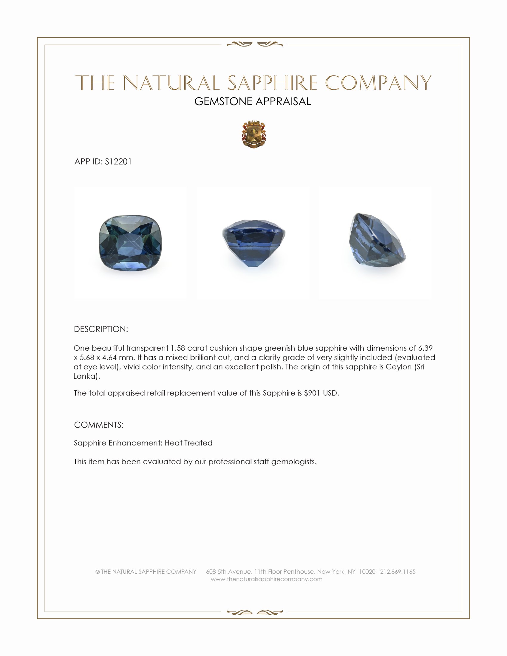 1.58 Ct. Greenish Blue Sapphire from Ceylon (Sri Lanka)