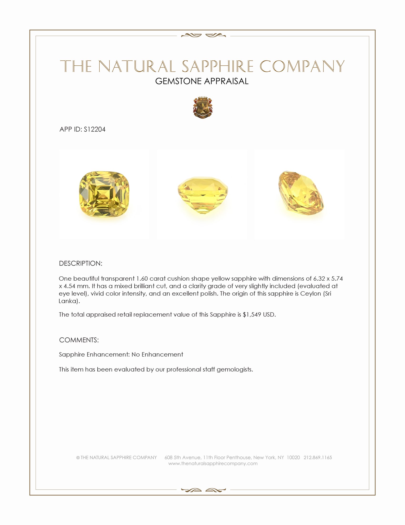 1.60 Ct. Yellow Sapphire from Ceylon (Sri Lanka)