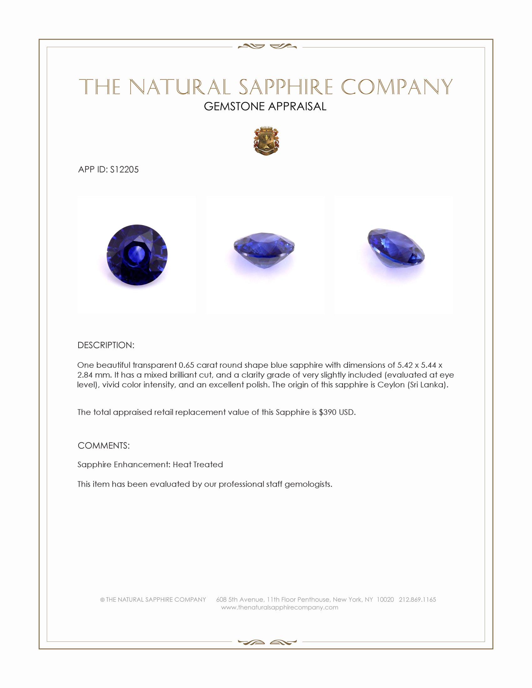 0.65 Ct. Blue Sapphire from Ceylon (Sri Lanka)