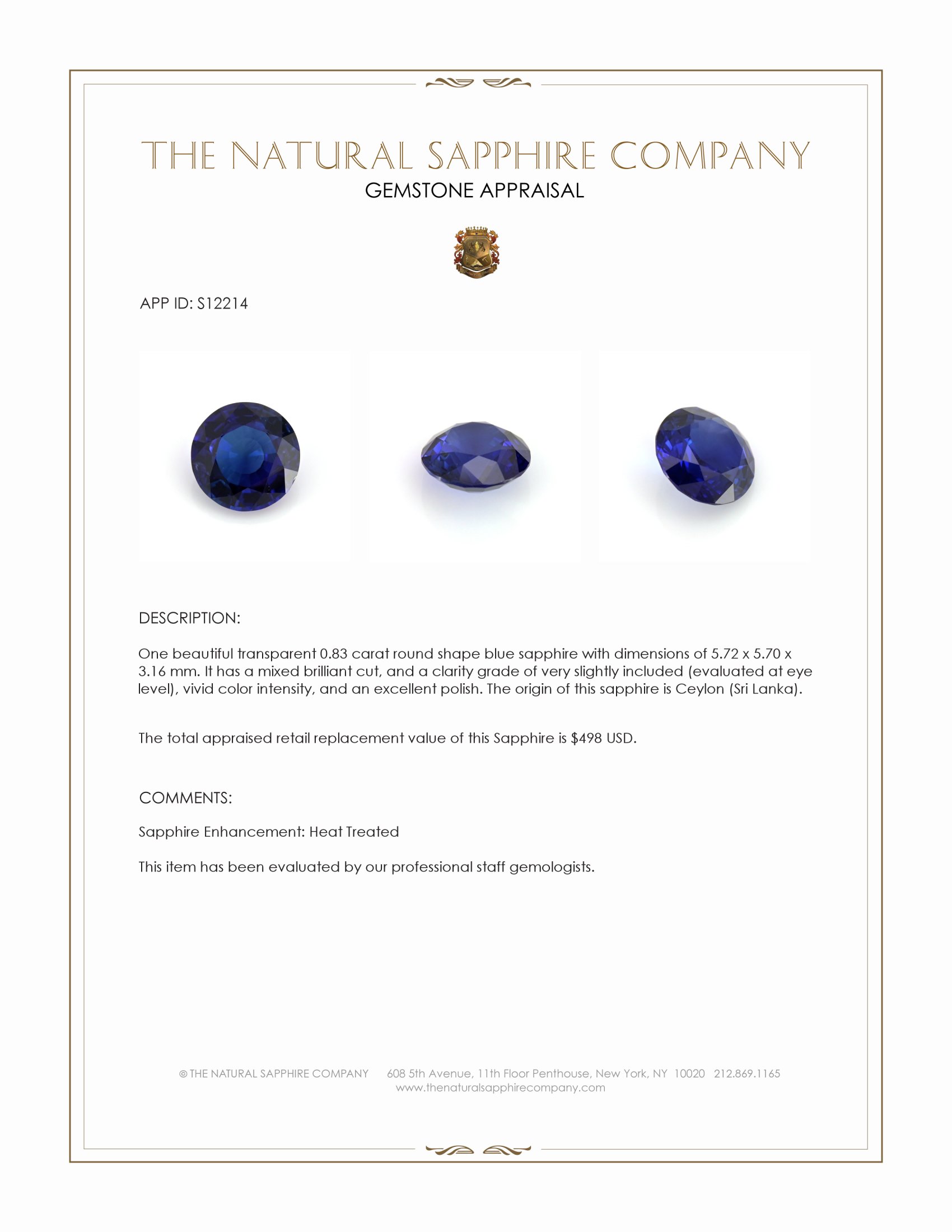 0.83 Ct. Blue Sapphire from Ceylon (Sri Lanka)