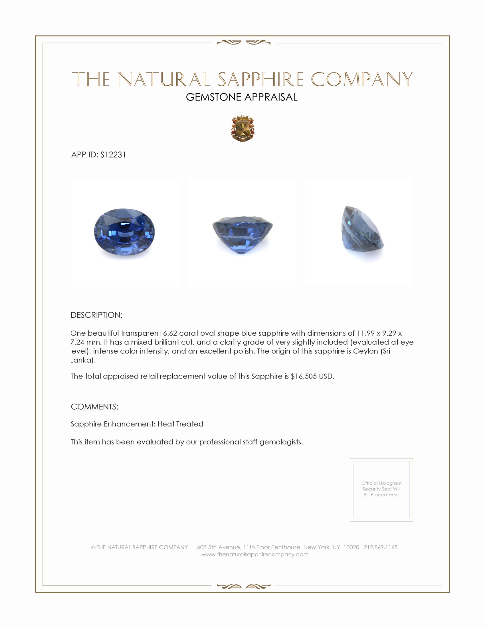 6.62 Ct. Blue Sapphire from Ceylon (Sri Lanka)