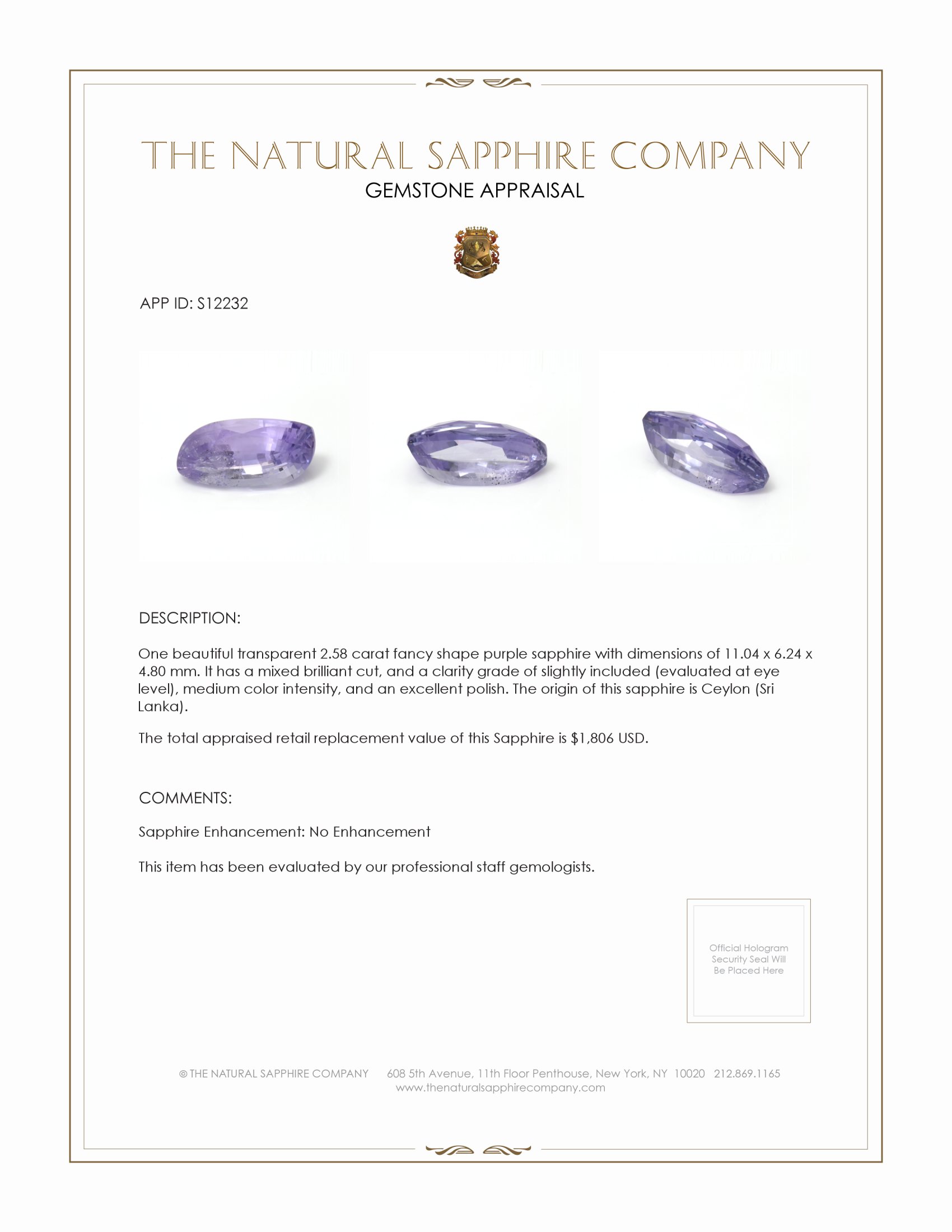 2.58 Ct. Purple Sapphire from Ceylon (Sri Lanka)