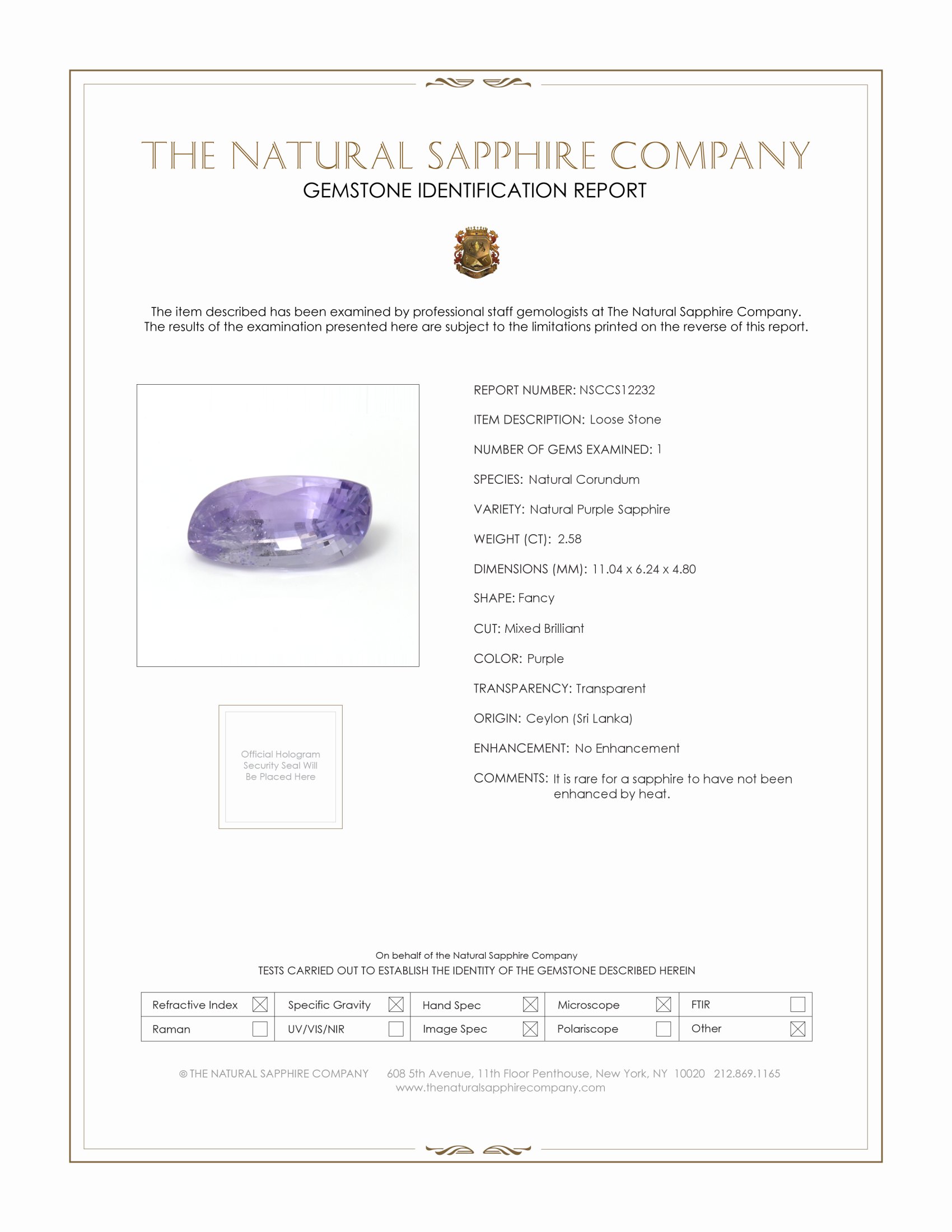 2.58 Ct. Purple Sapphire from Ceylon (Sri Lanka)