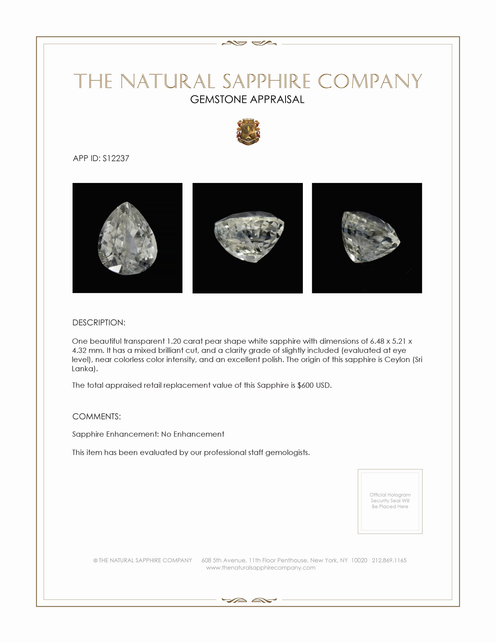 1.20 Ct. White Sapphire from Ceylon (Sri Lanka)