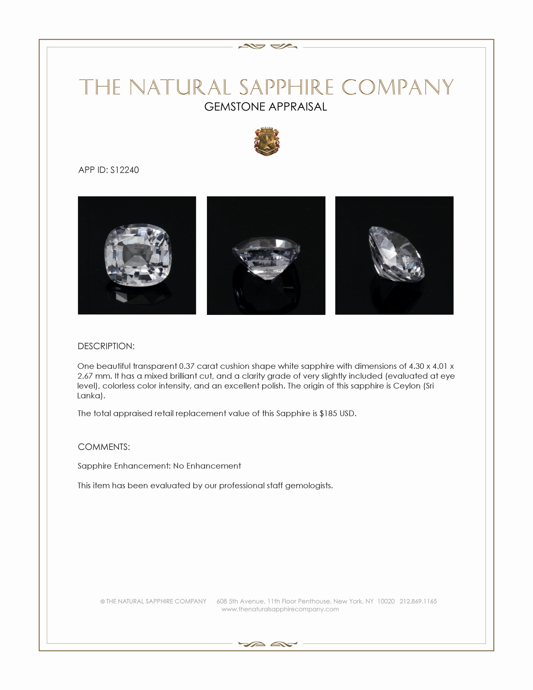 0.37 Ct. White Sapphire from Ceylon (Sri Lanka)