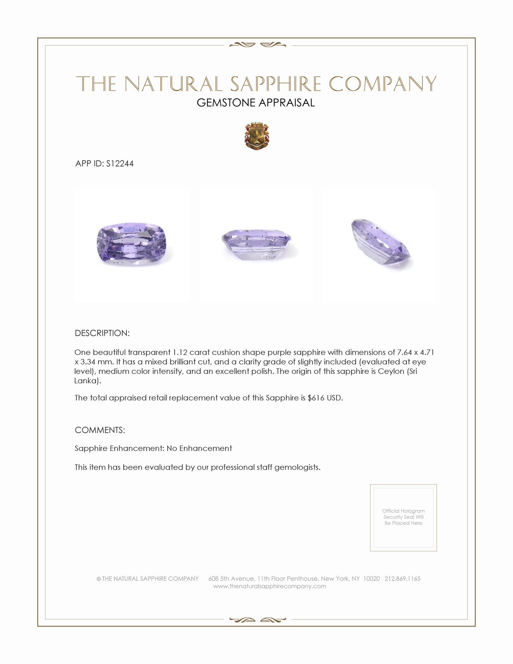 1.12 Ct. Purple Sapphire from Ceylon (Sri Lanka)
