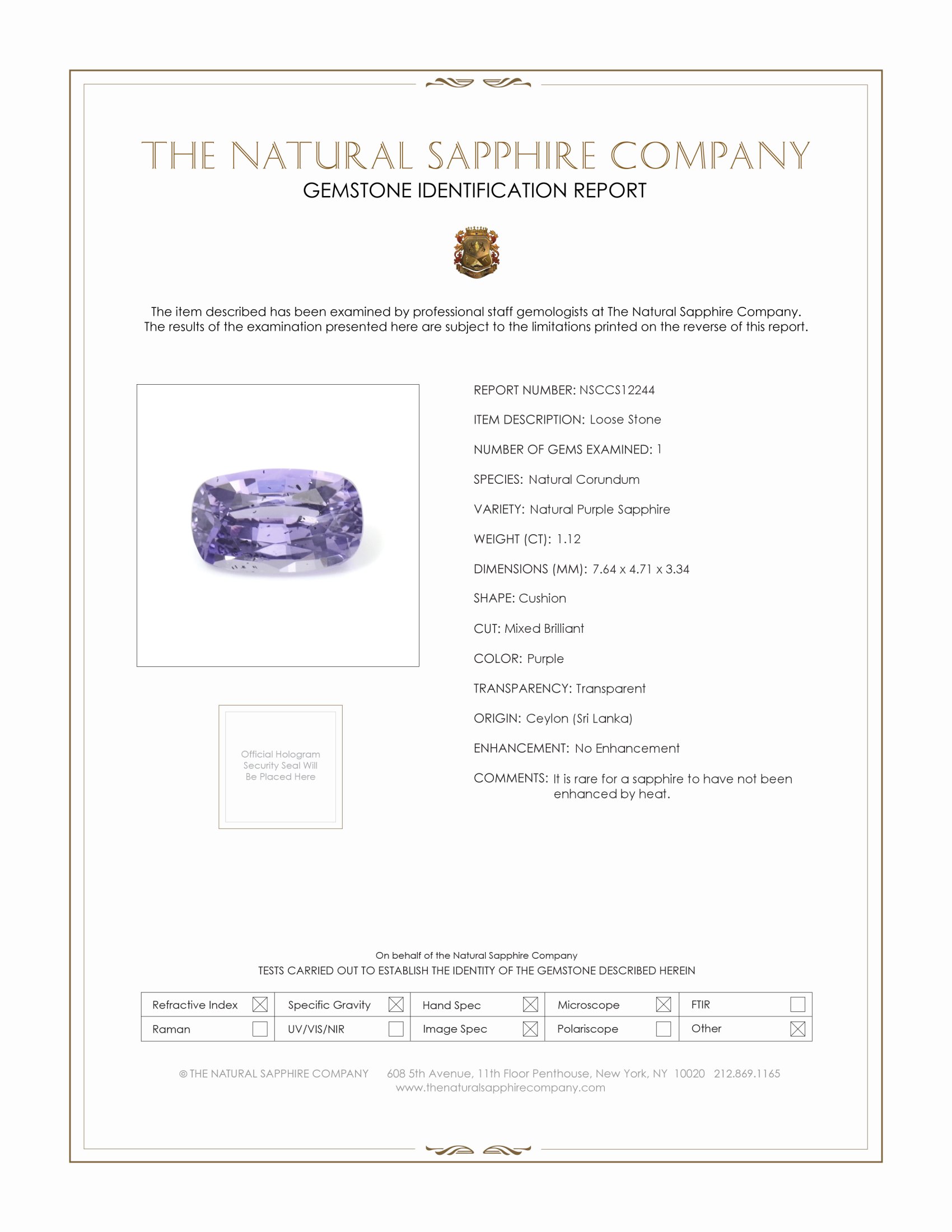 1.12 Ct. Purple Sapphire from Ceylon (Sri Lanka)