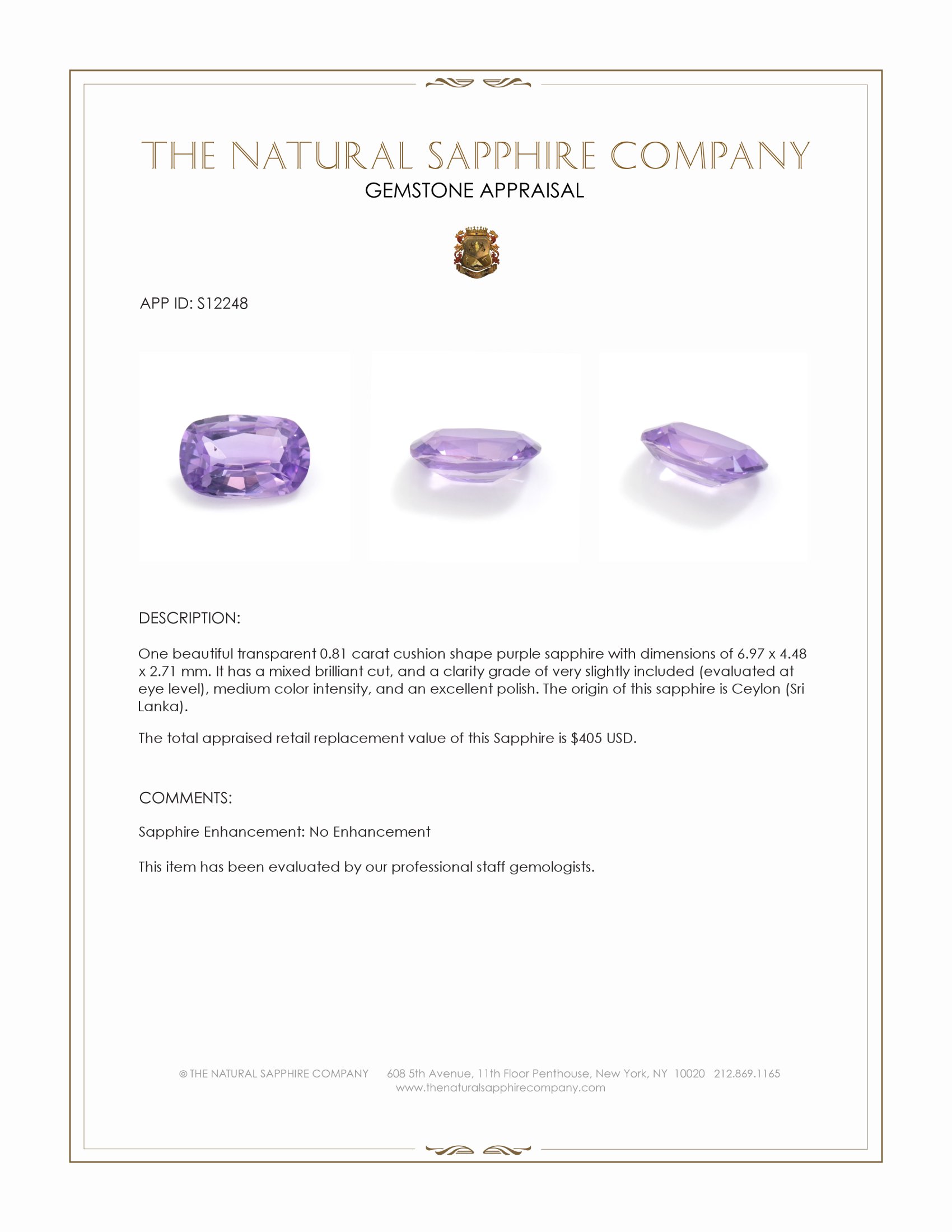 0.81 Ct. Purple Sapphire from Ceylon (Sri Lanka)
