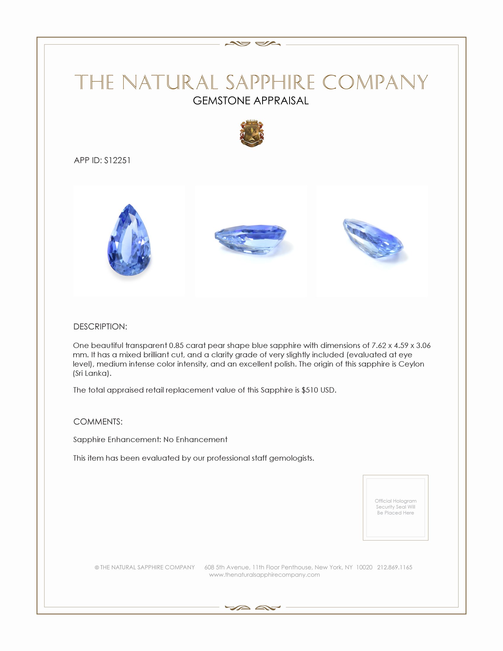 0.85 Ct. Blue Sapphire from Ceylon (Sri Lanka)