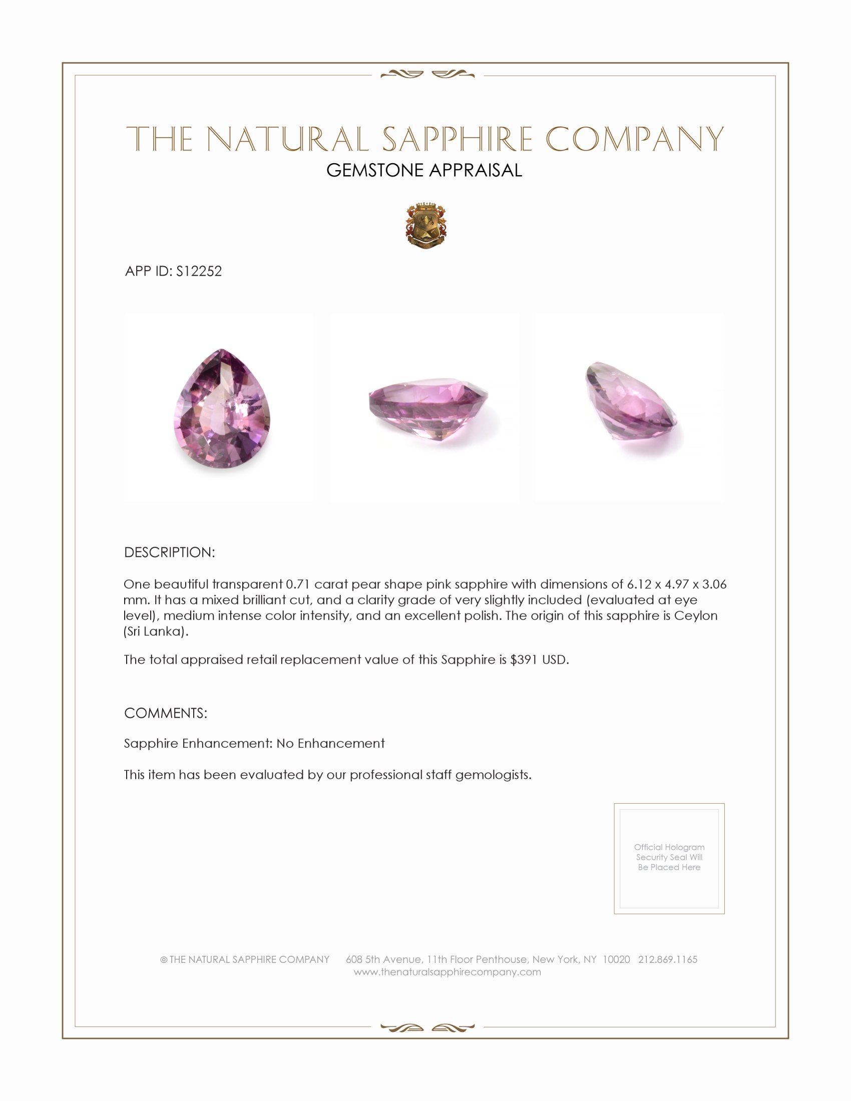 0.71 Ct. Pink Sapphire from Ceylon (Sri Lanka)
