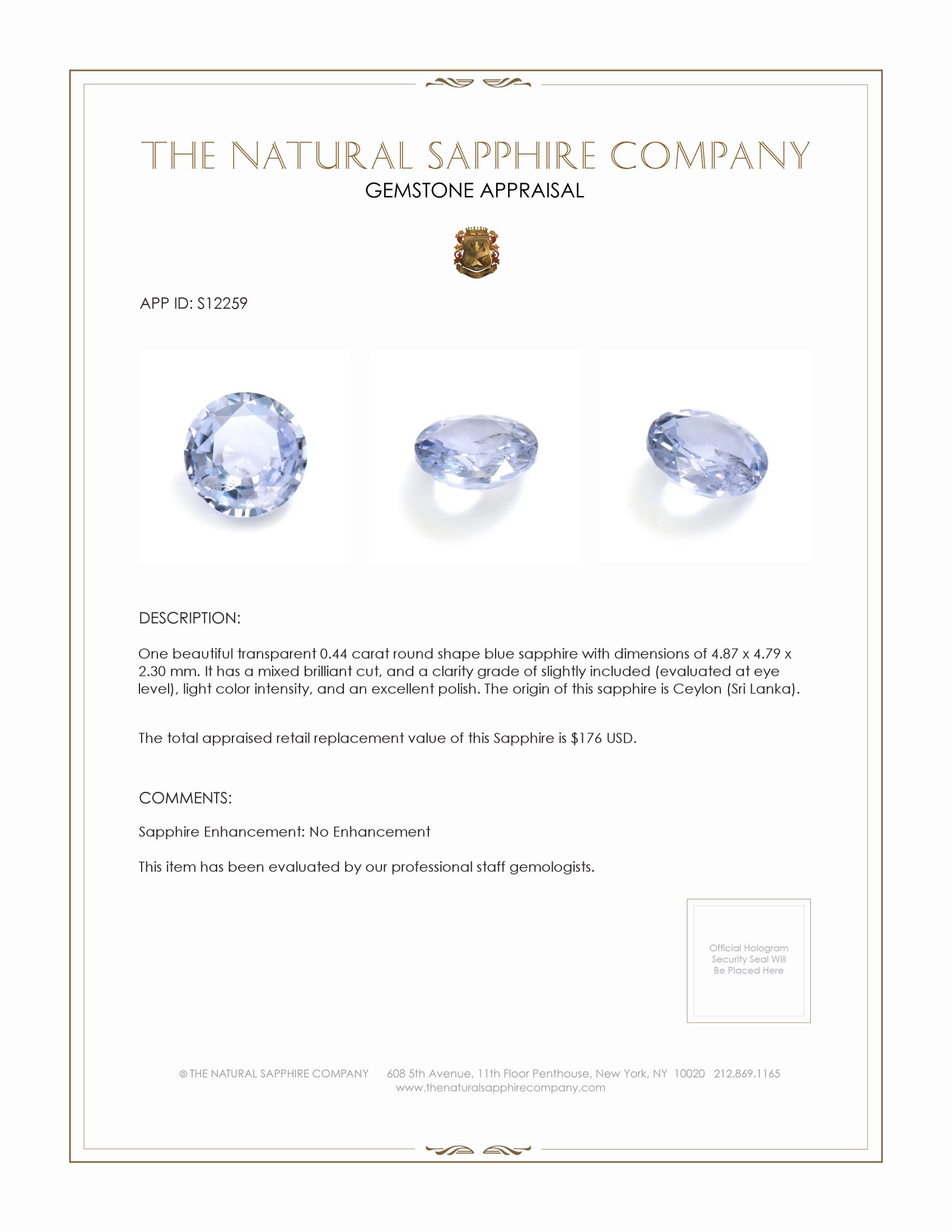 0.44 Ct. Blue Sapphire from Ceylon (Sri Lanka)