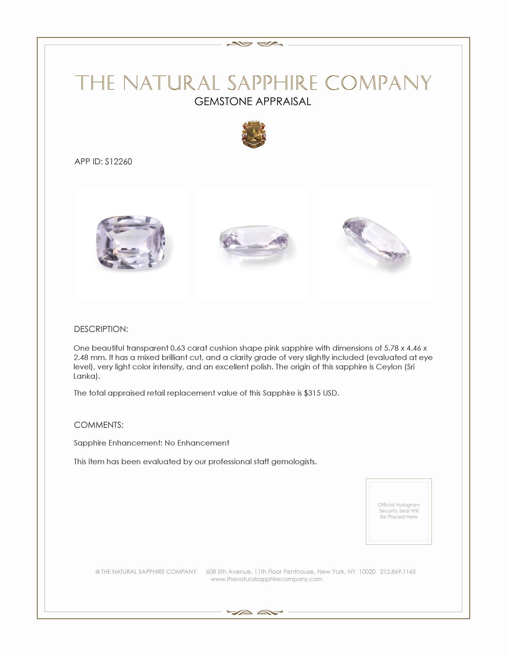 0.63 Ct. Pink Sapphire from Ceylon (Sri Lanka)