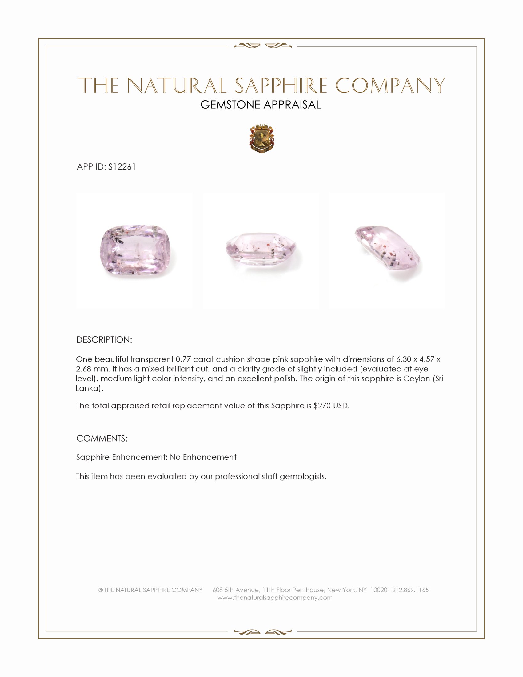 0.77 Ct. Pink Sapphire from Ceylon (Sri Lanka)