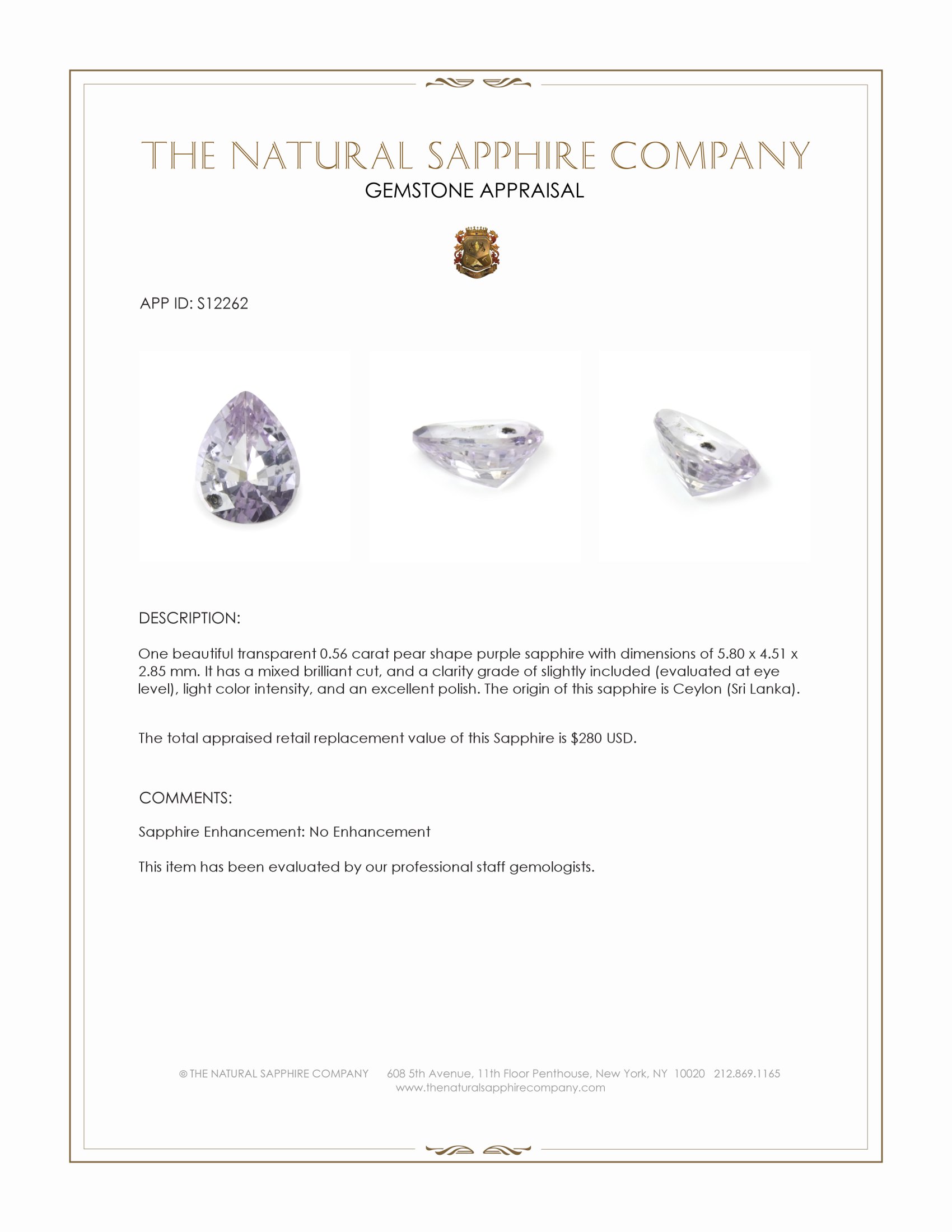 0.56 Ct. Purple Sapphire from Ceylon (Sri Lanka)