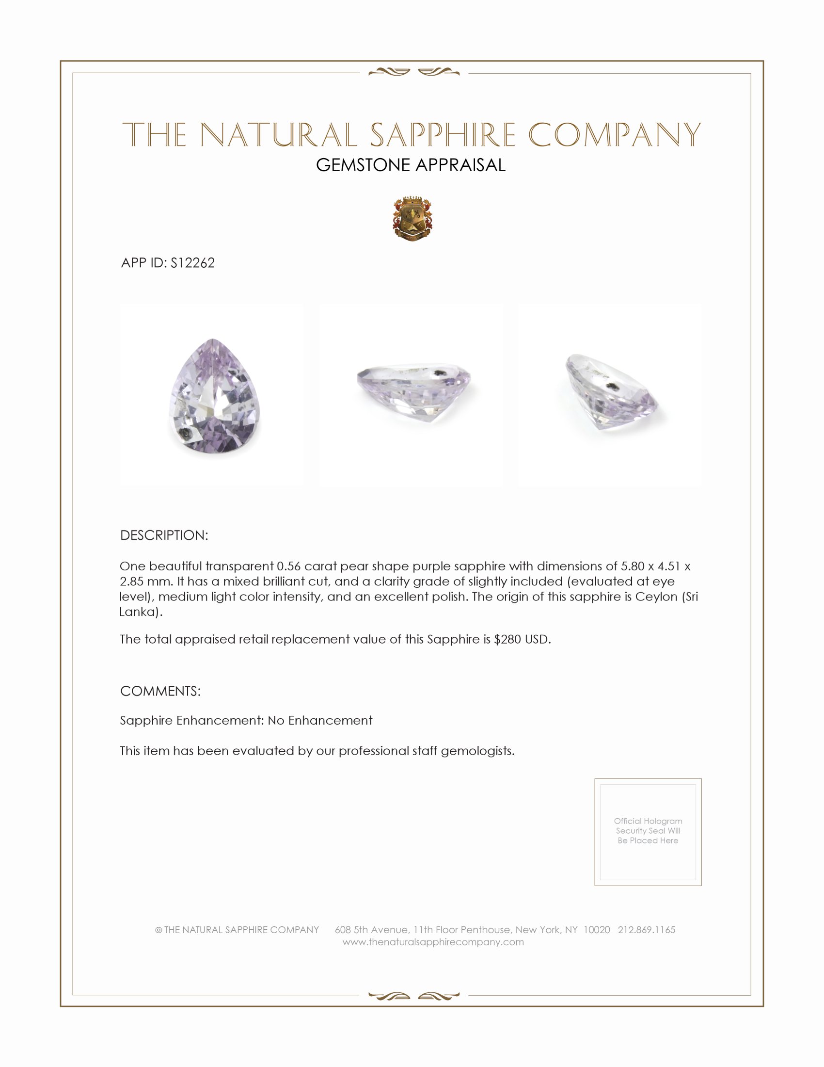 0.56 Ct. Purple Sapphire from Ceylon (Sri Lanka)