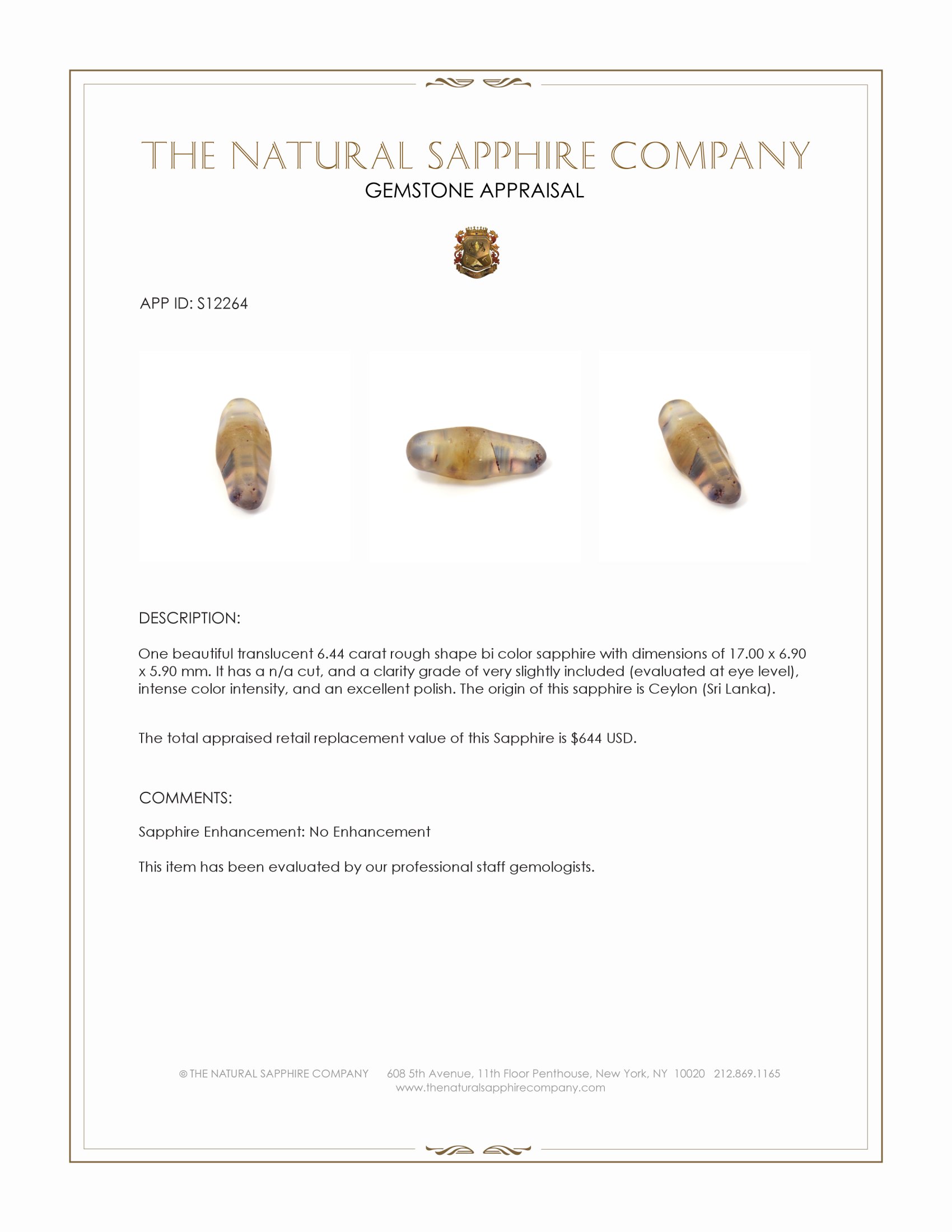 6.44 Ct. Bi Color Rough Sapphire from Ceylon (Sri Lanka)