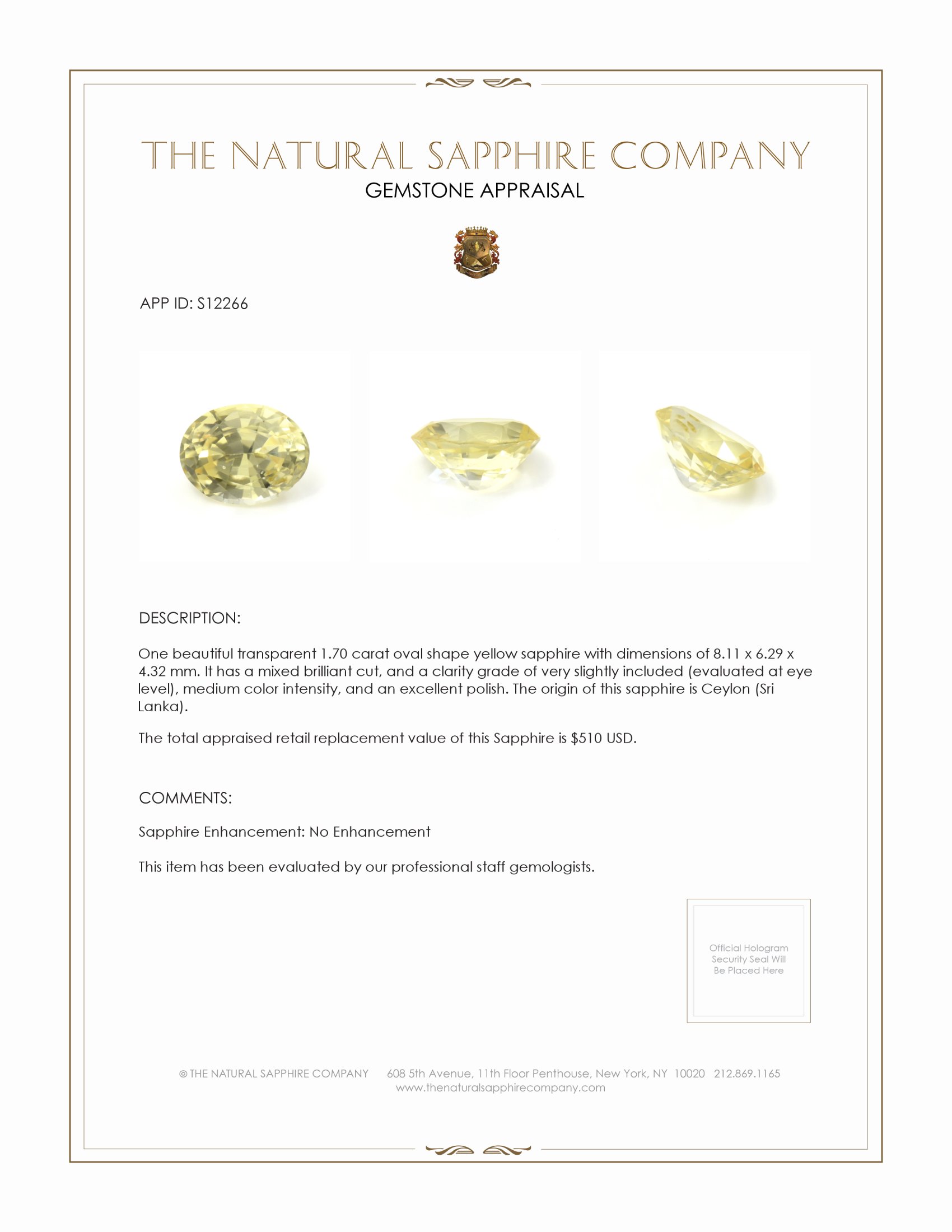 1.70 Ct. Yellow Sapphire from Ceylon (Sri Lanka)