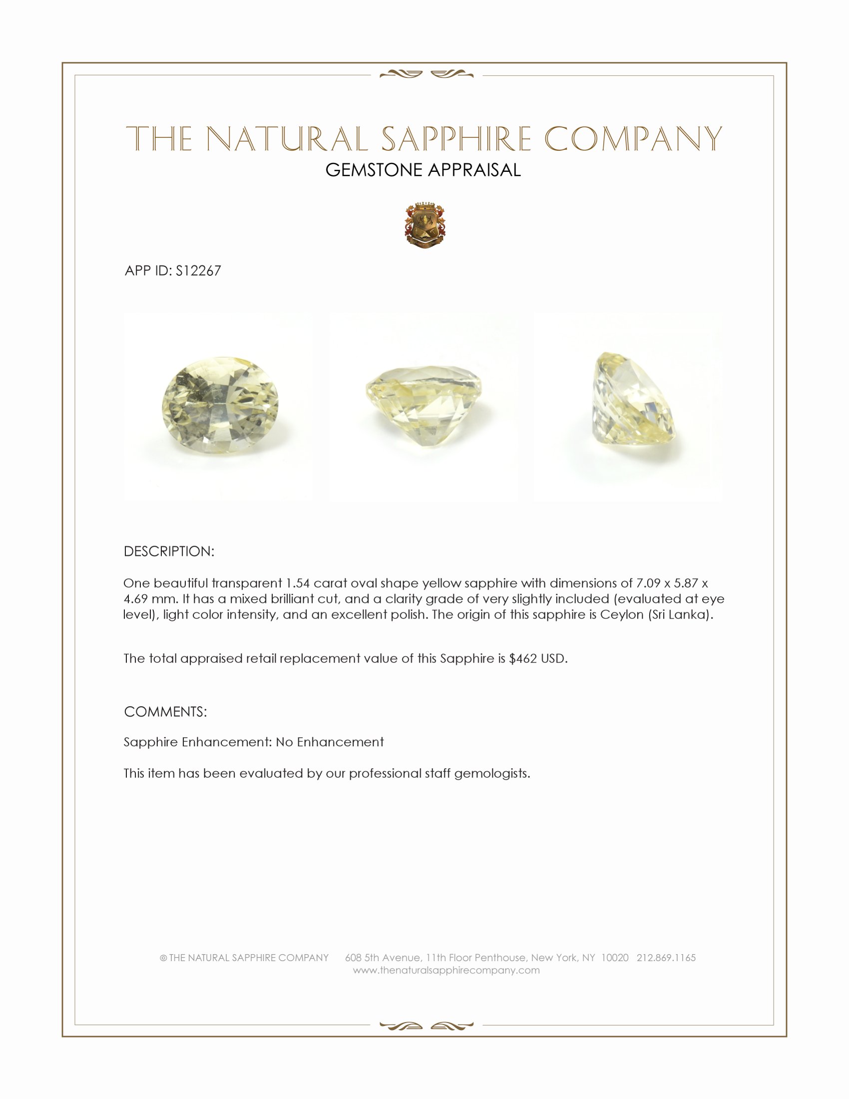 1.54 Ct. Yellow Sapphire from Ceylon (Sri Lanka)