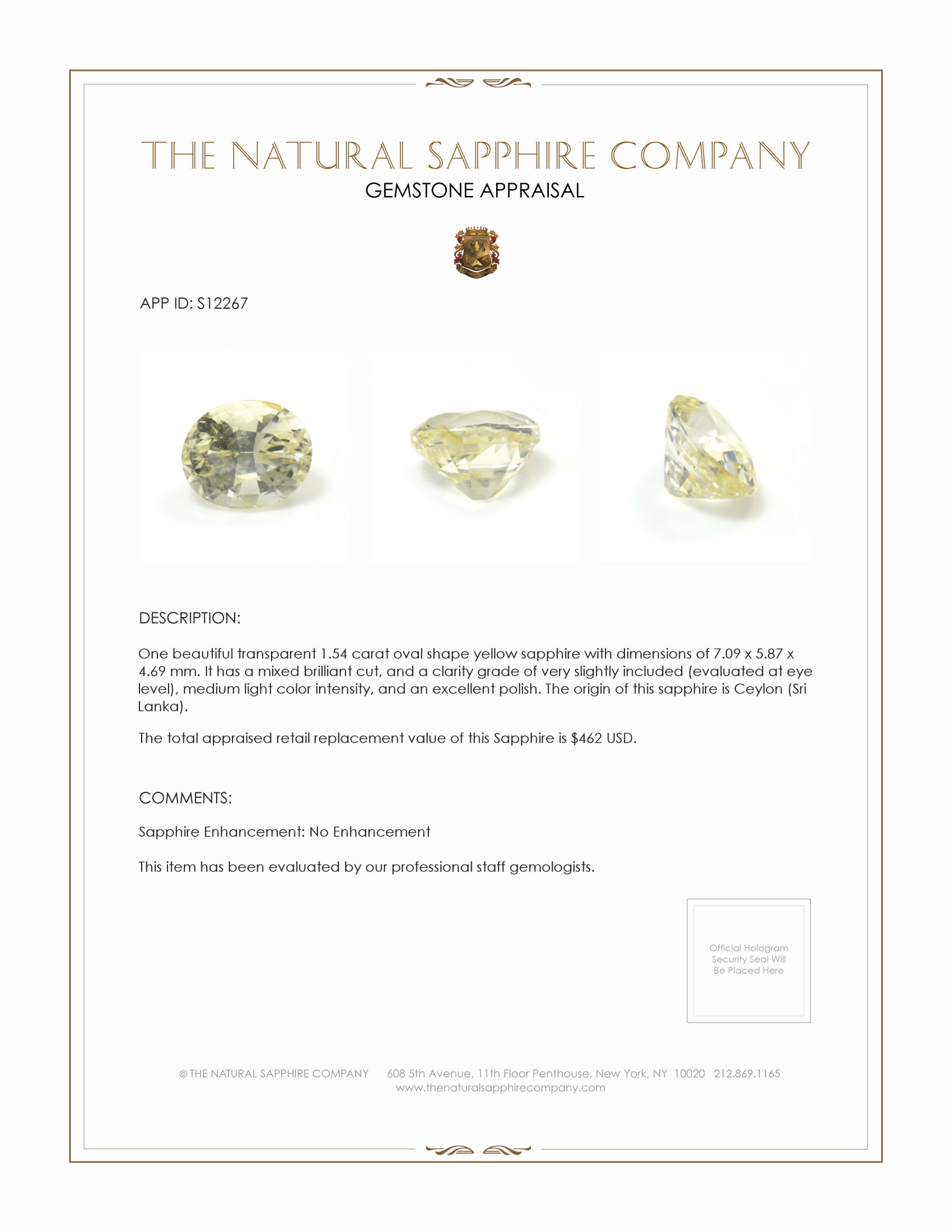 1.54 Ct. Yellow Sapphire from Ceylon (Sri Lanka)