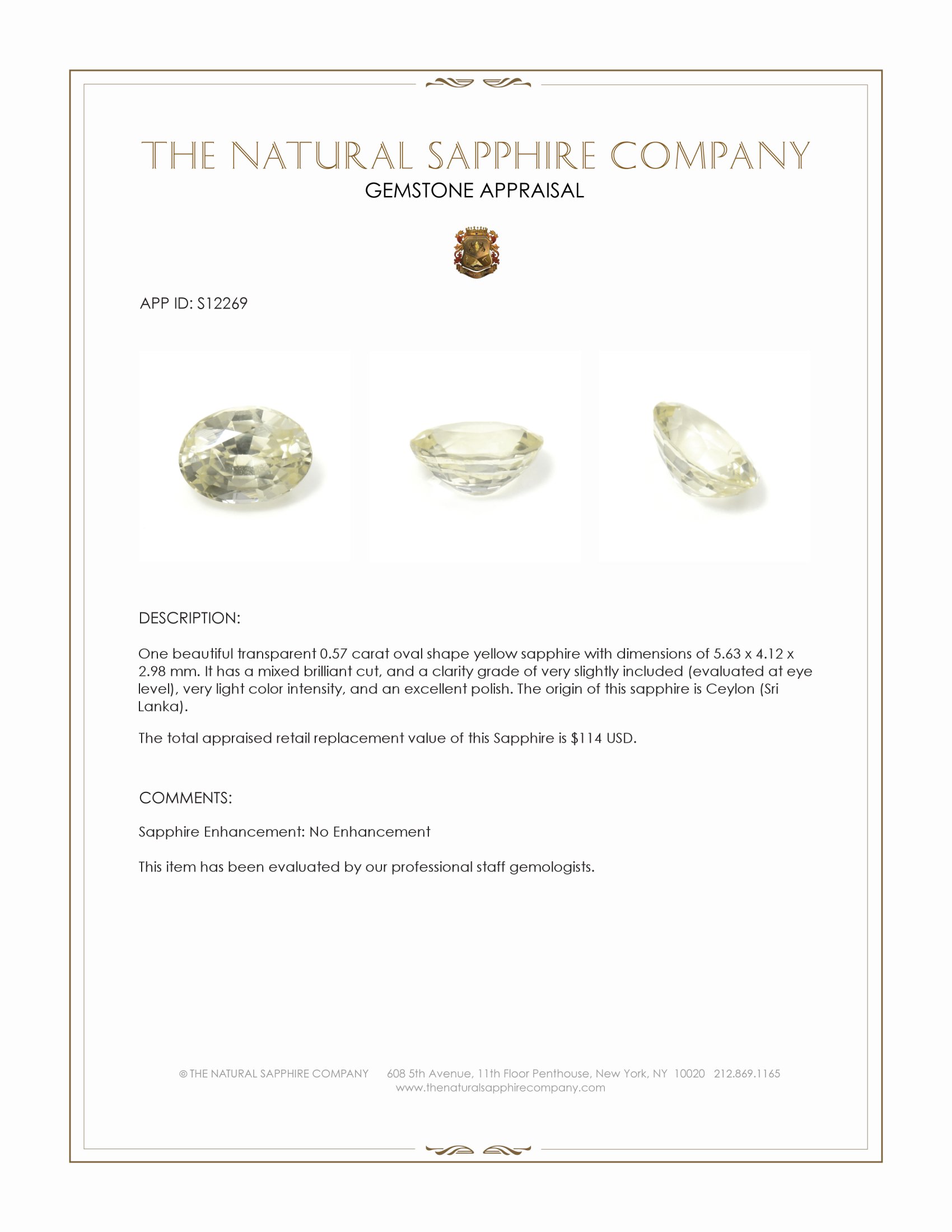 0.57 Ct. Yellow Sapphire from Ceylon (Sri Lanka)