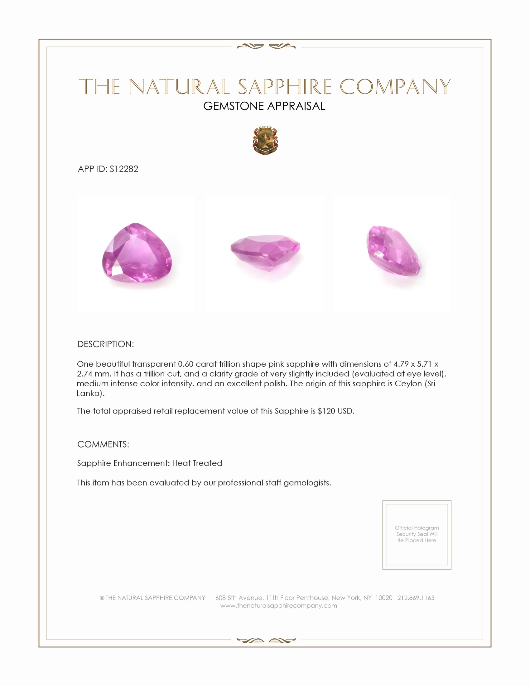 0.60 Ct. Pink Sapphire from Ceylon (Sri Lanka)