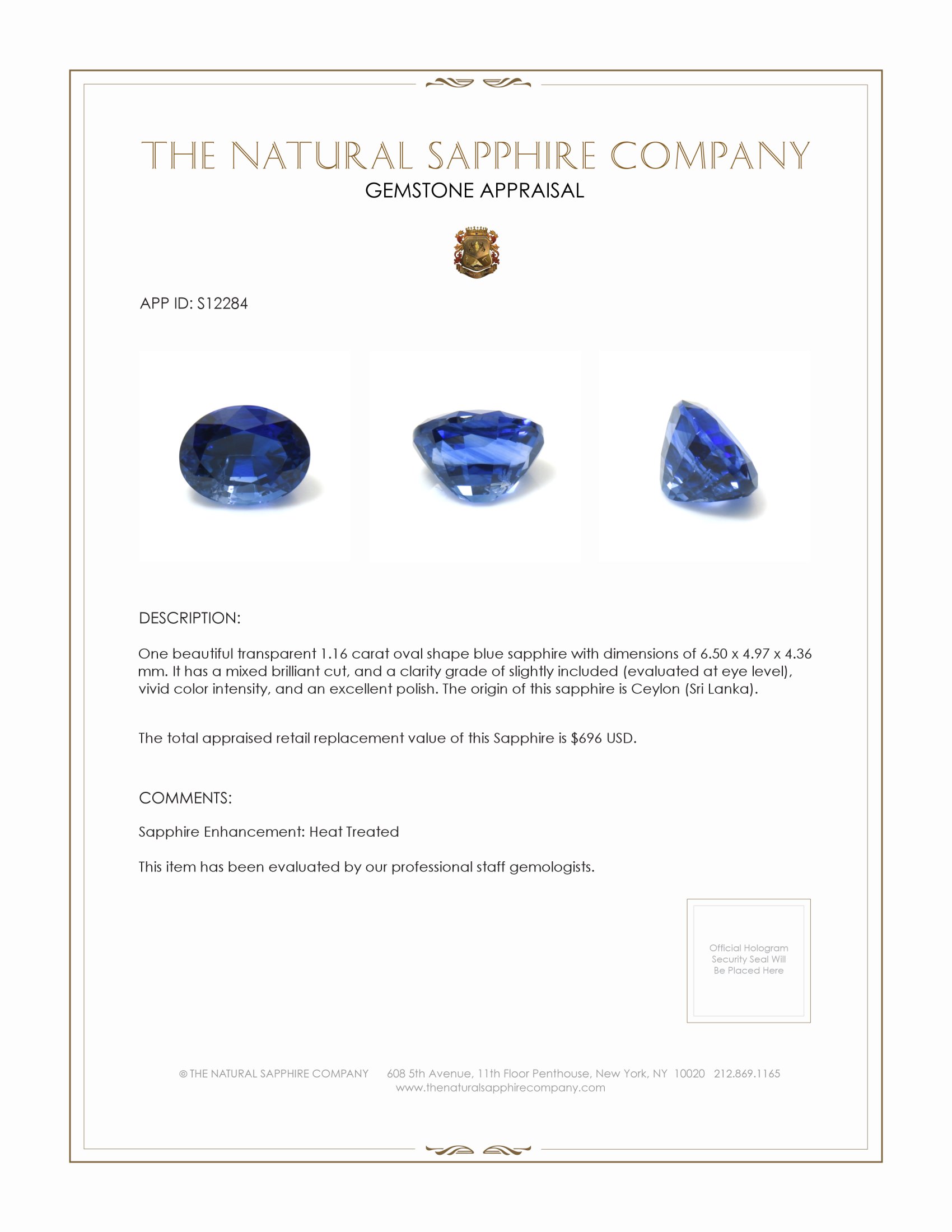 1.16 Ct. Blue Sapphire from Ceylon (Sri Lanka)
