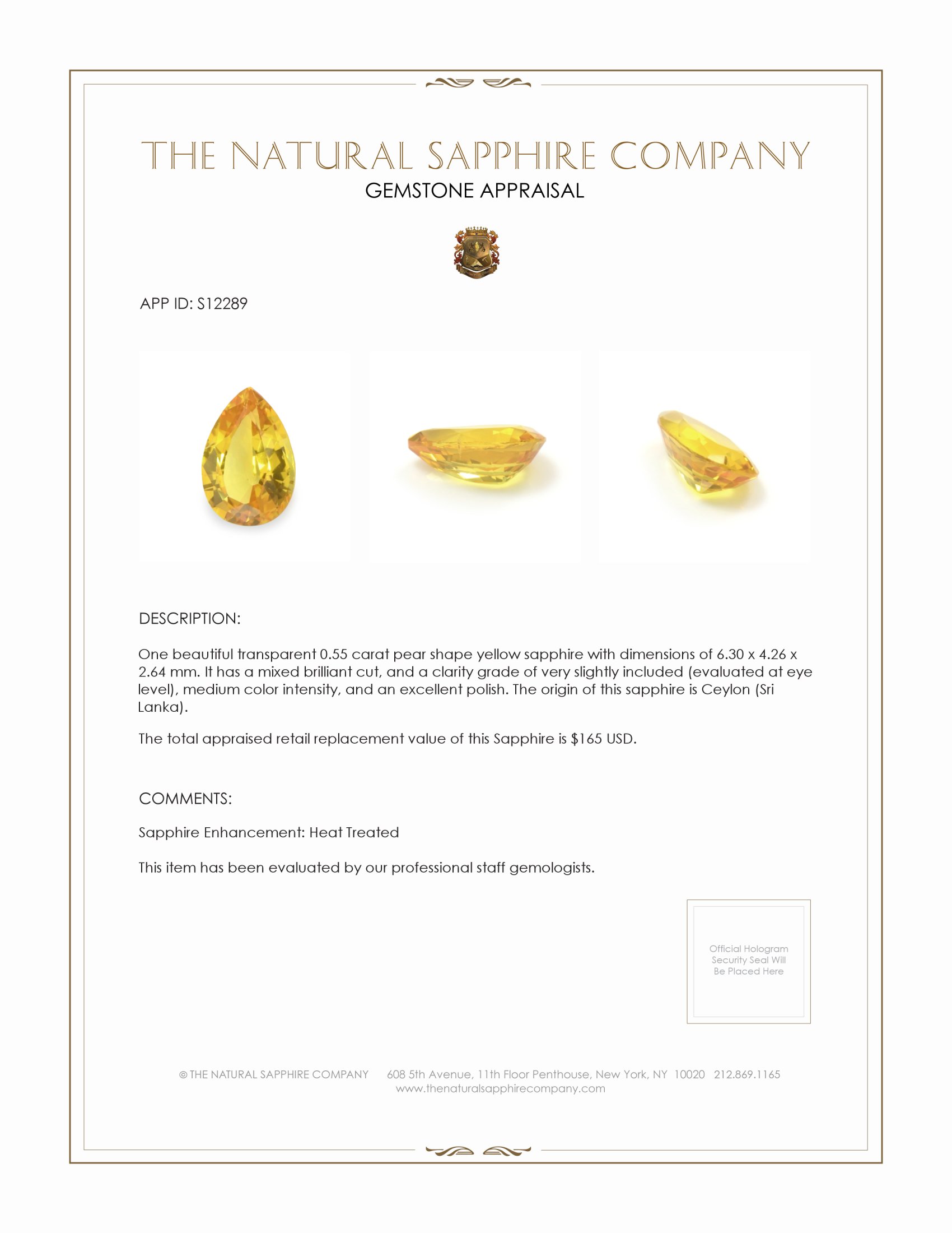 0.55 Ct. Yellow Sapphire from Ceylon (Sri Lanka)