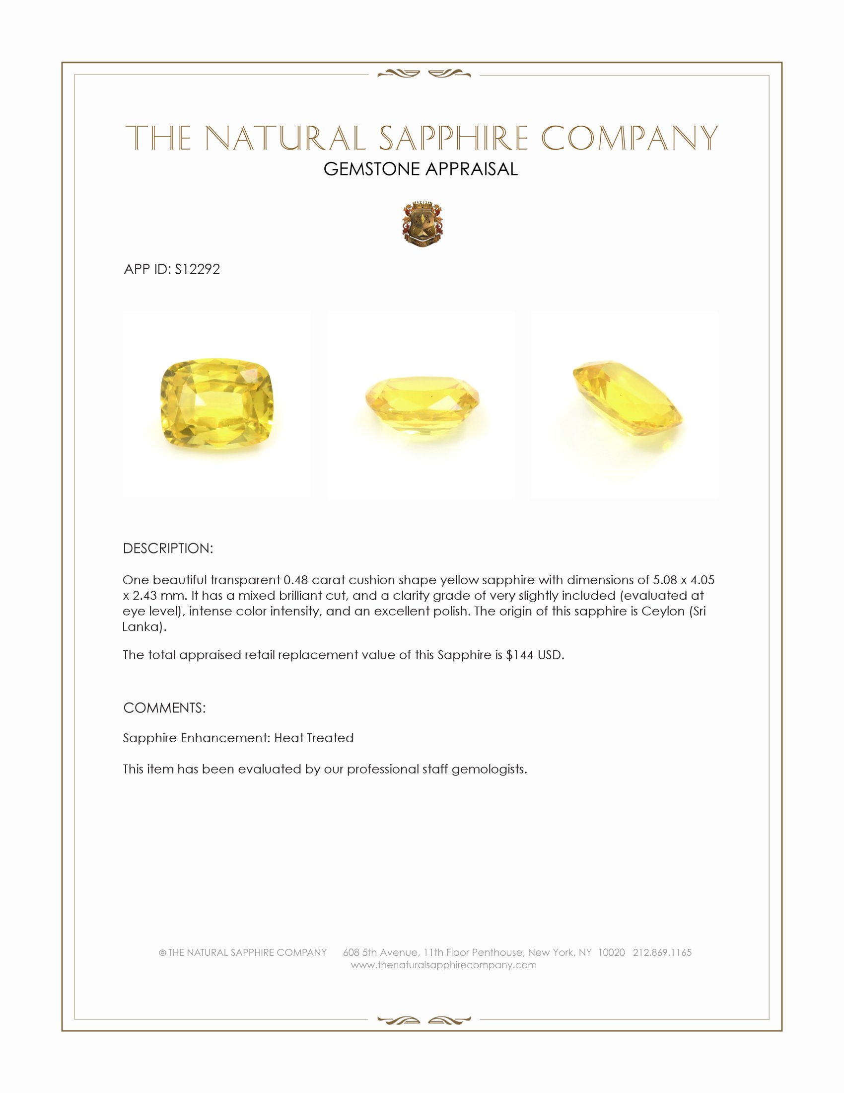 0.48 Ct. Yellow Sapphire from Ceylon (Sri Lanka)