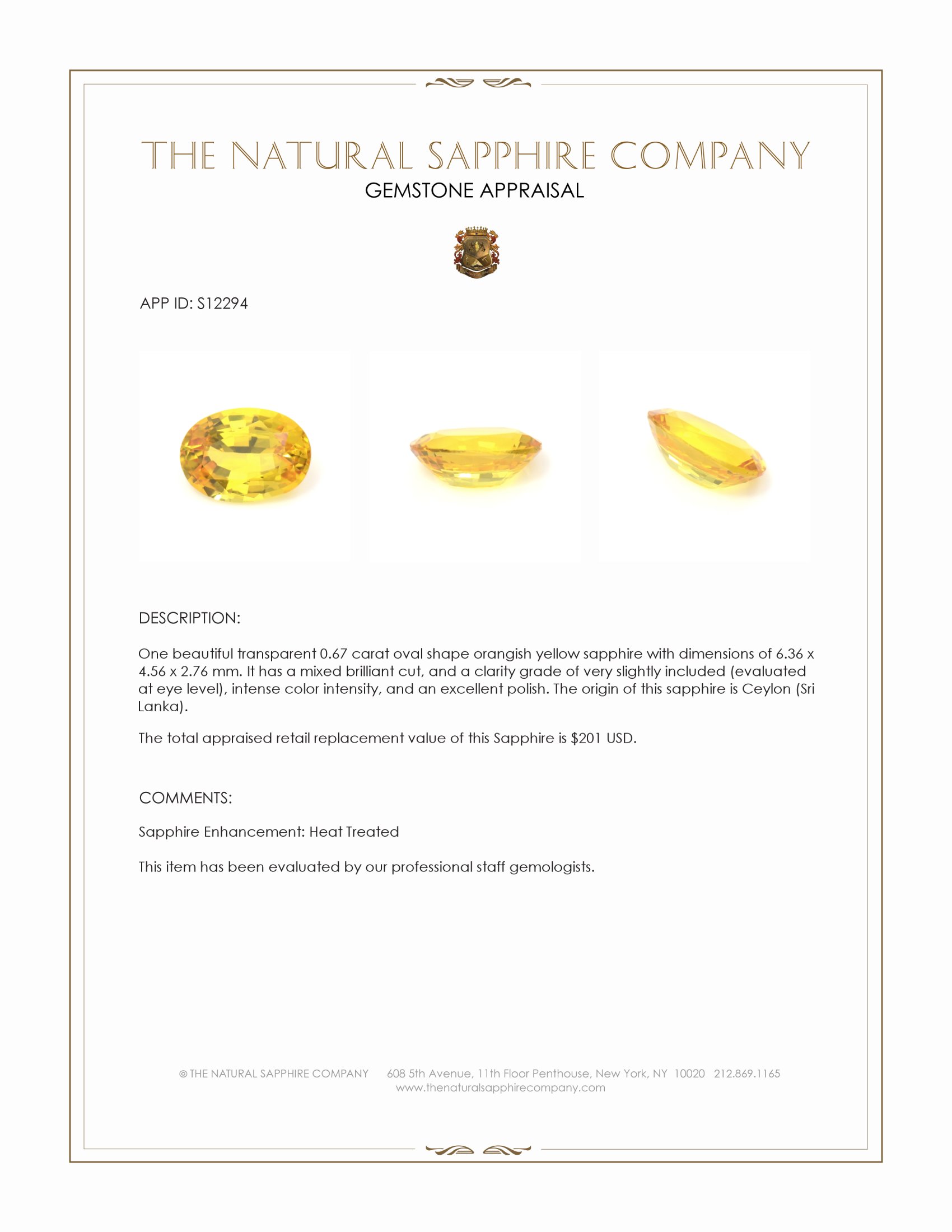 0.67 Ct. Orangish Yellow Sapphire from Ceylon (Sri Lanka)