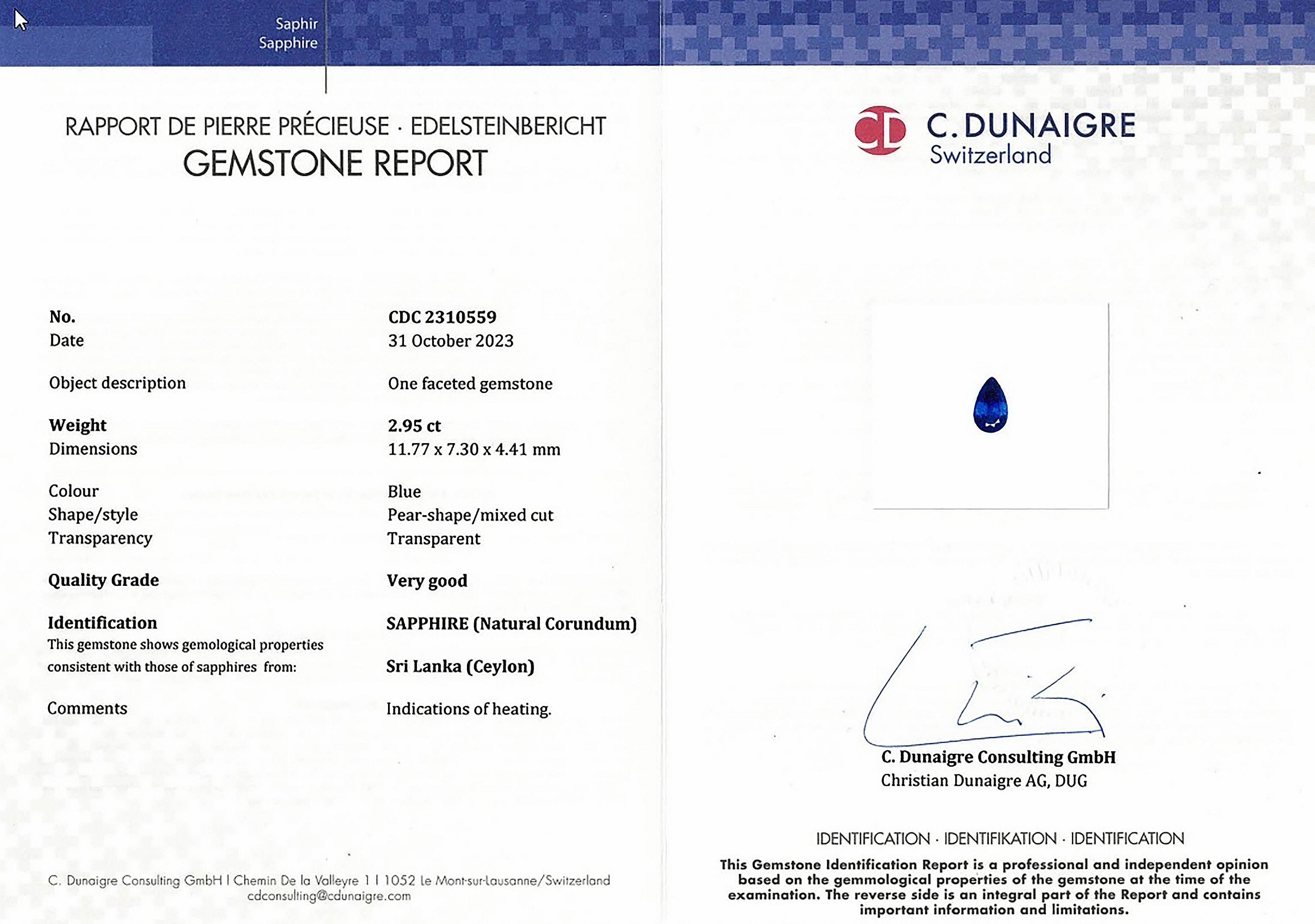 2.95 Ct. Blue Sapphire from Ceylon (Sri Lanka)