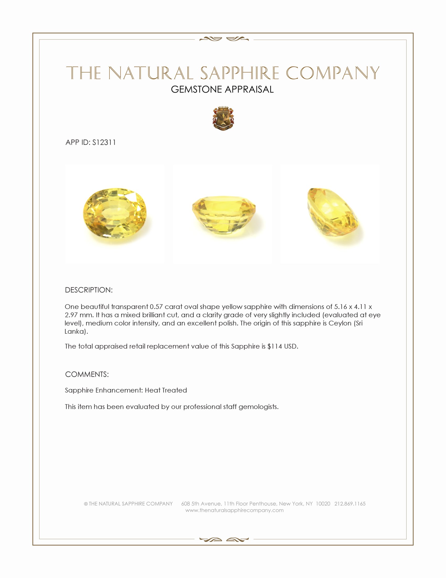 0.57 Ct. Yellow Sapphire from Ceylon (Sri Lanka)