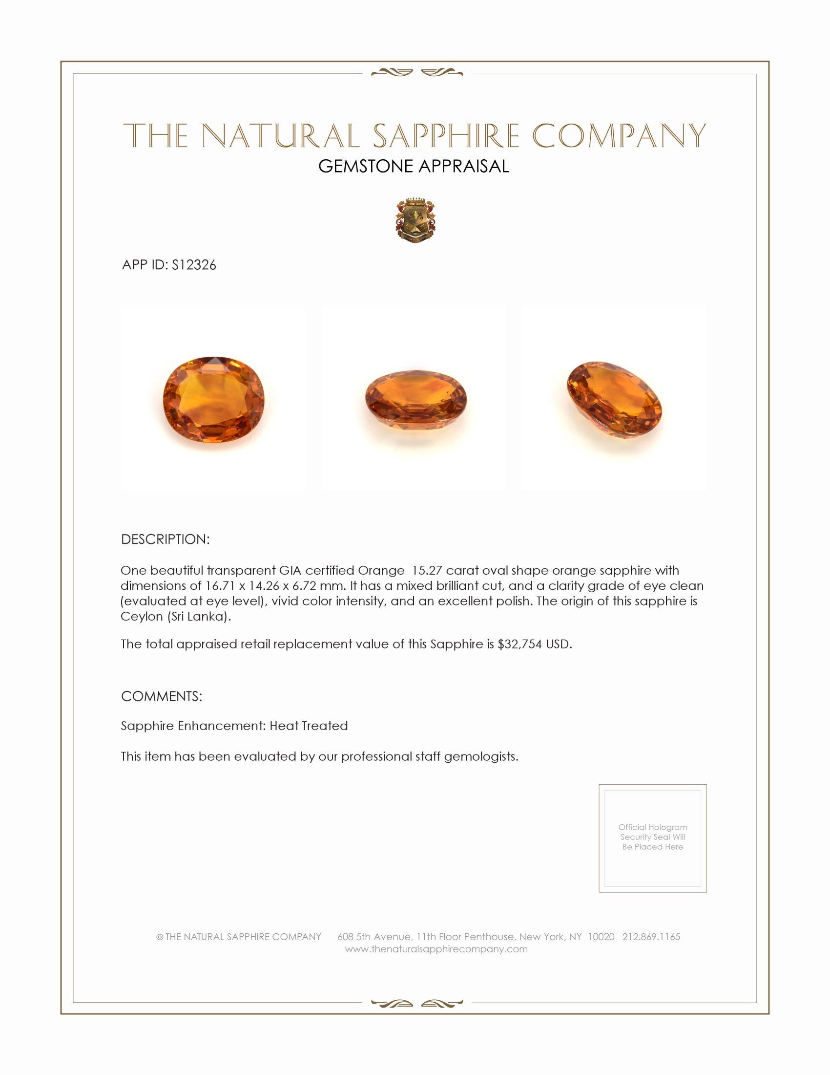 15.27 Ct. Orange Sapphire from Ceylon (Sri Lanka)