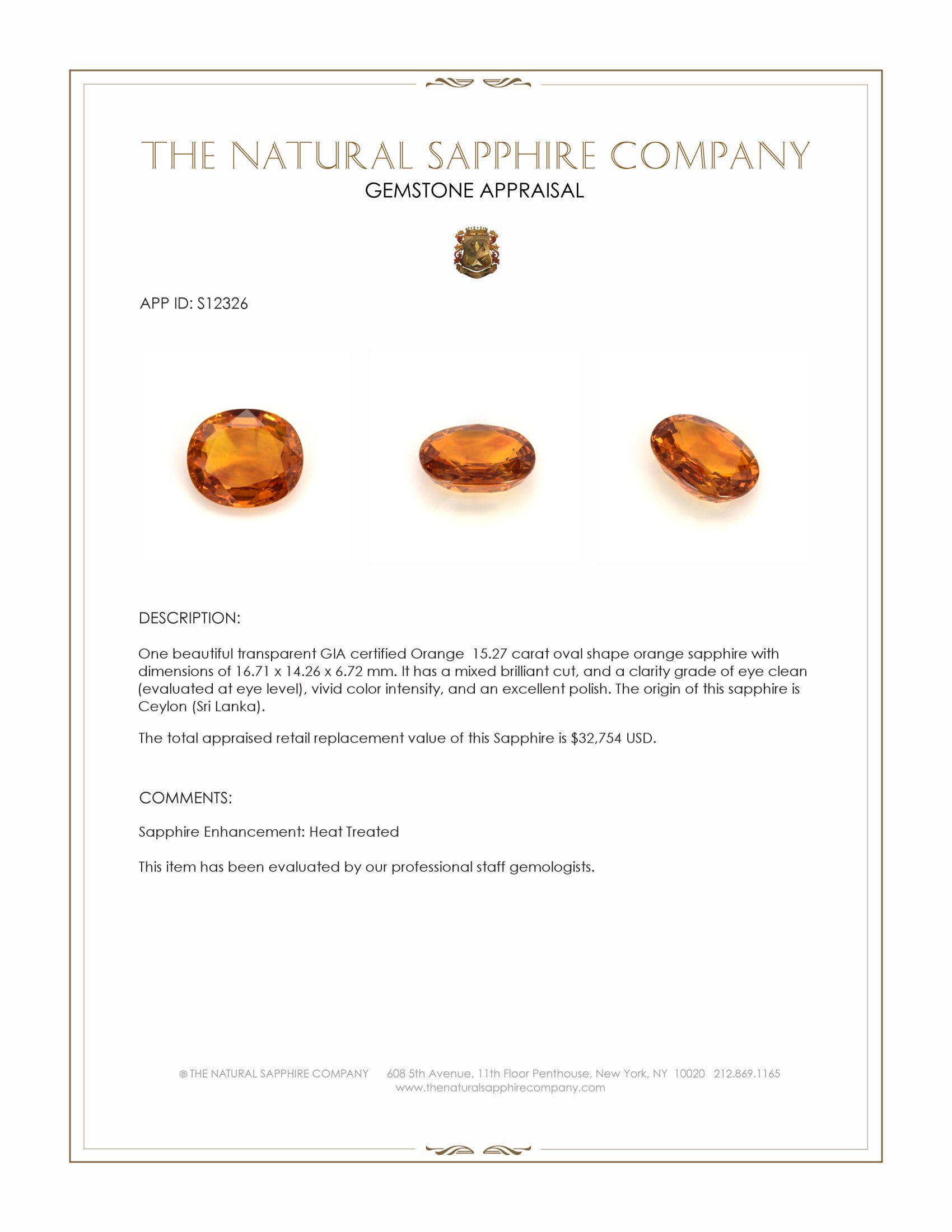 15.27 Ct. Orange Sapphire from Ceylon (Sri Lanka)