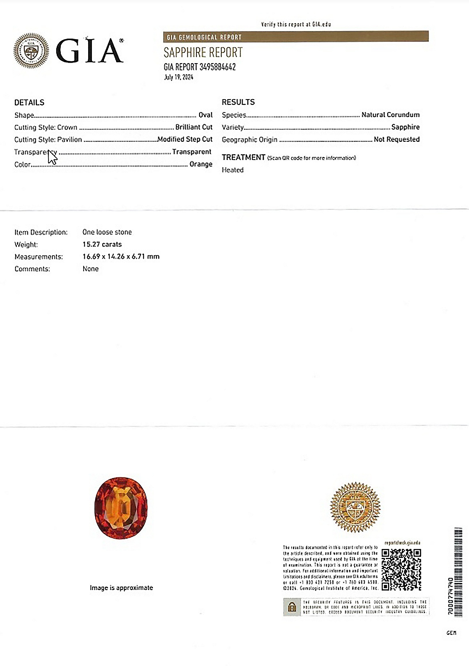 15.27 Ct. Orange Sapphire from Ceylon (Sri Lanka)