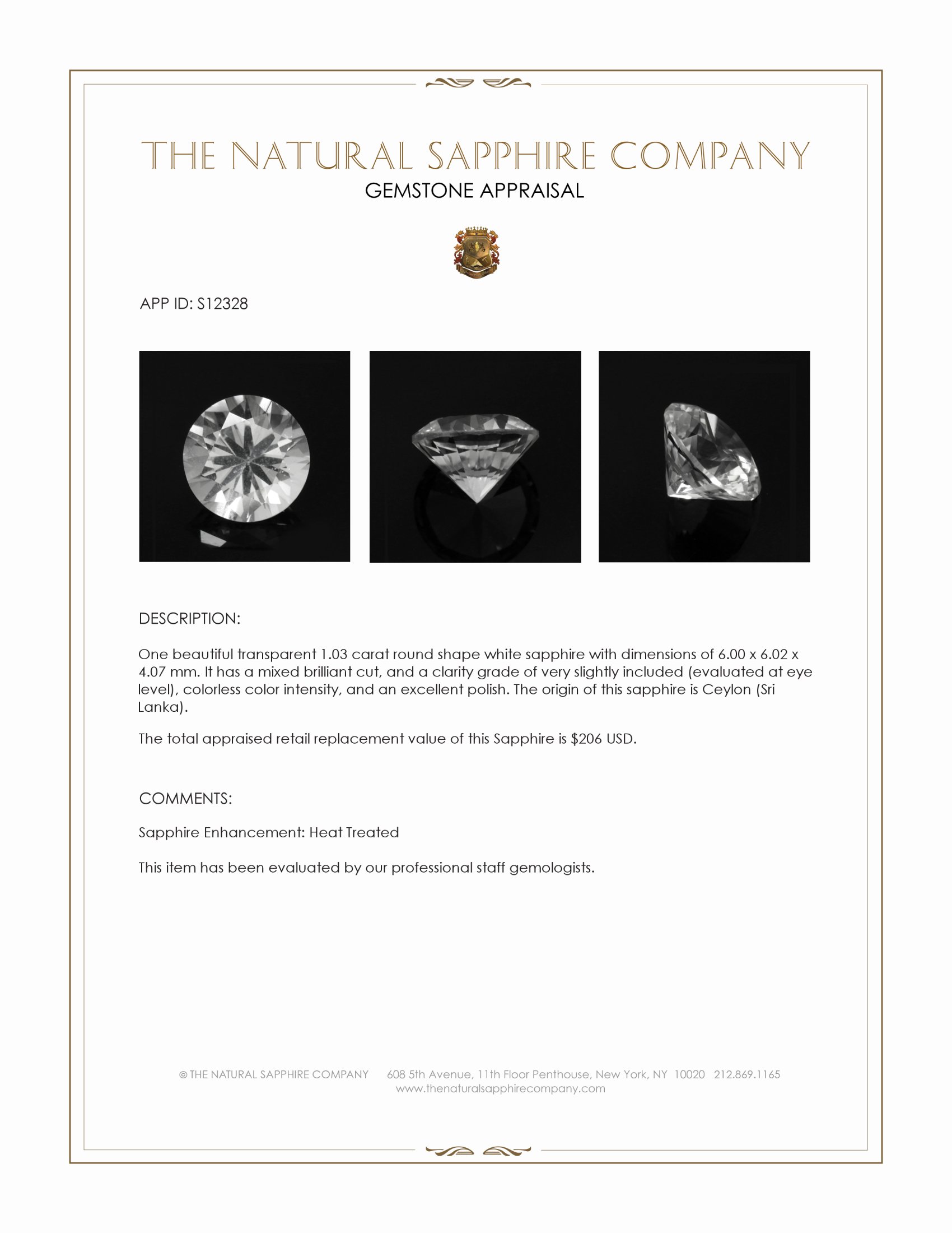 1.03 Ct. White Sapphire from Ceylon (Sri Lanka)