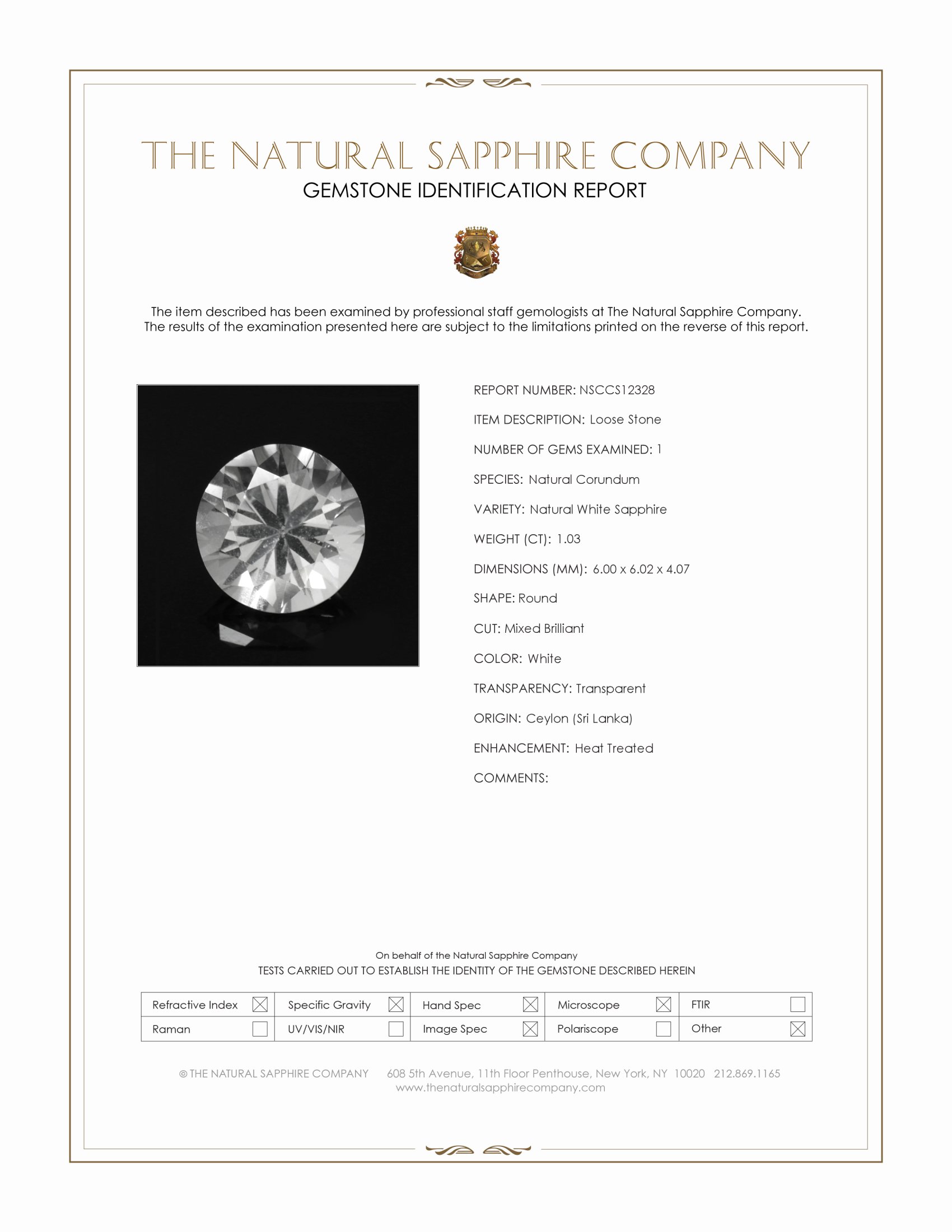 1.03 Ct. White Sapphire from Ceylon (Sri Lanka)
