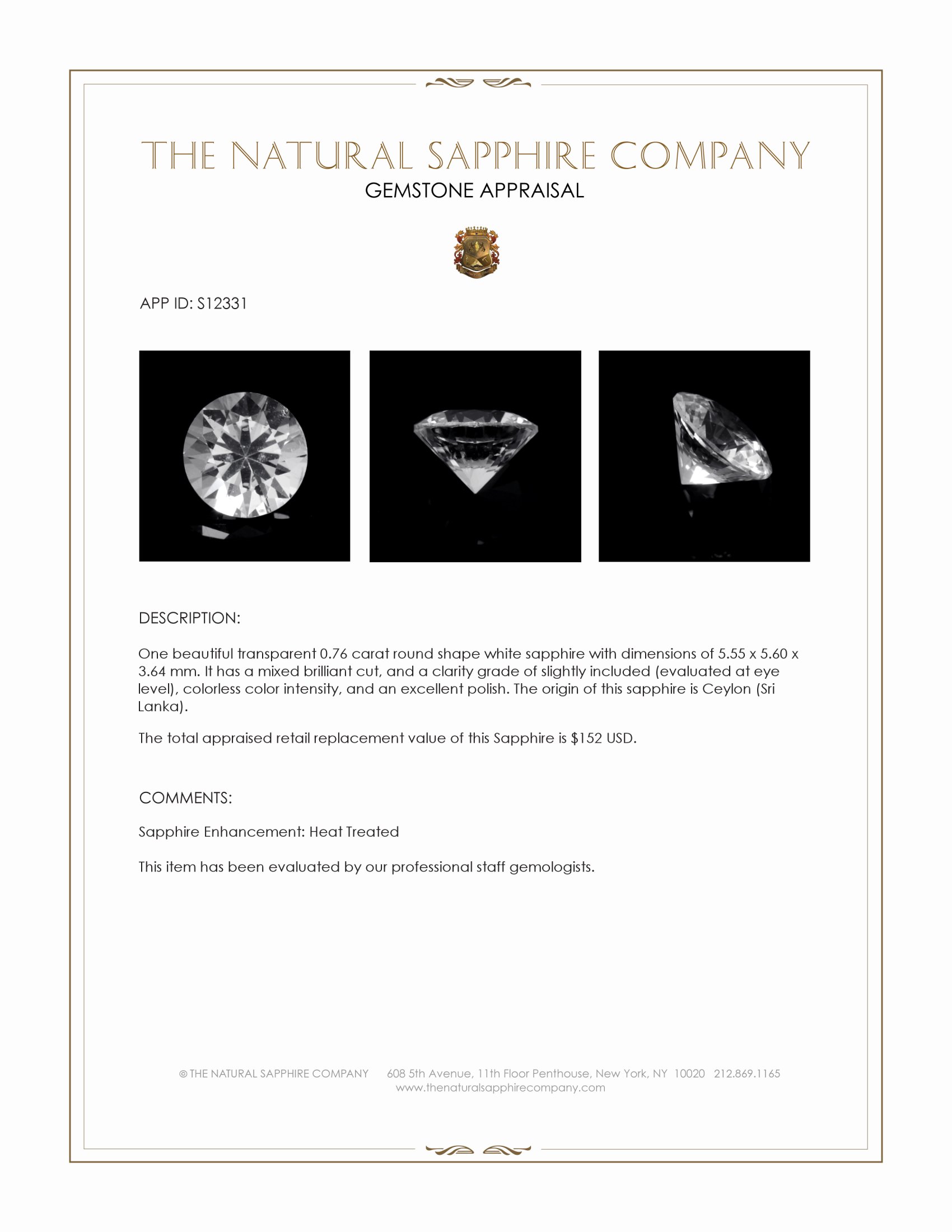 0.76 Ct. White Sapphire from Ceylon (Sri Lanka)