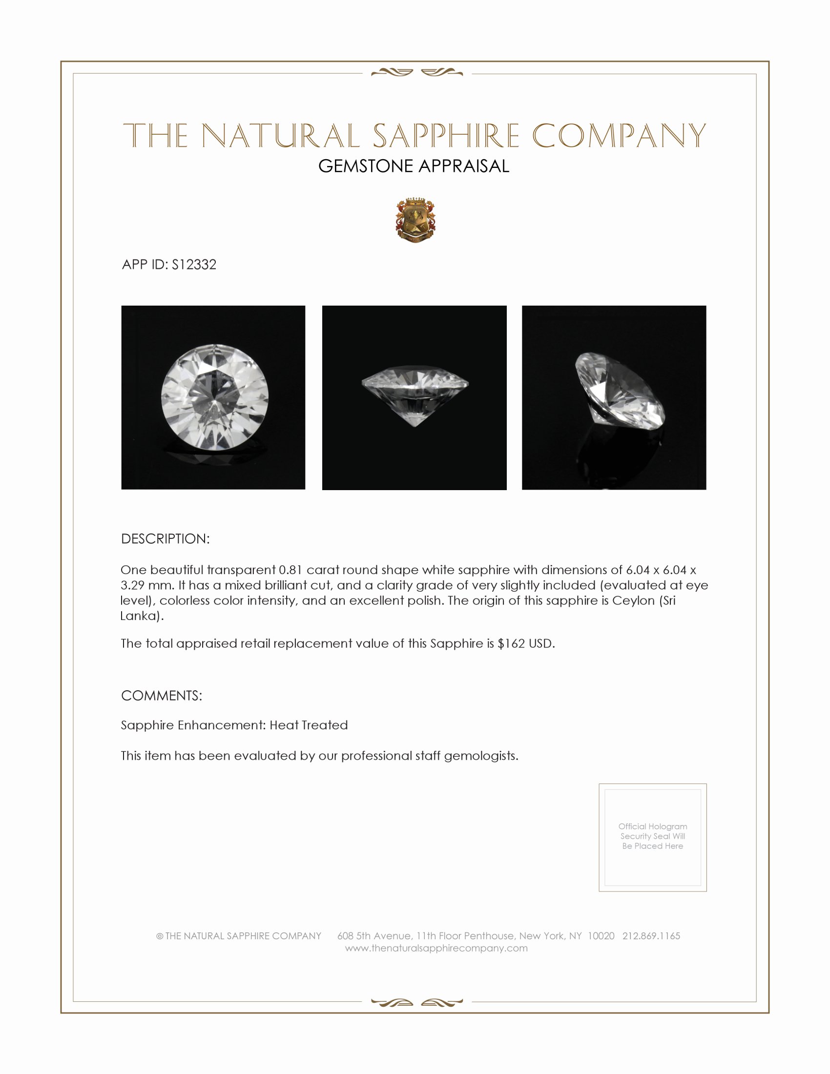 0.81 Ct. White Sapphire from Ceylon (Sri Lanka)