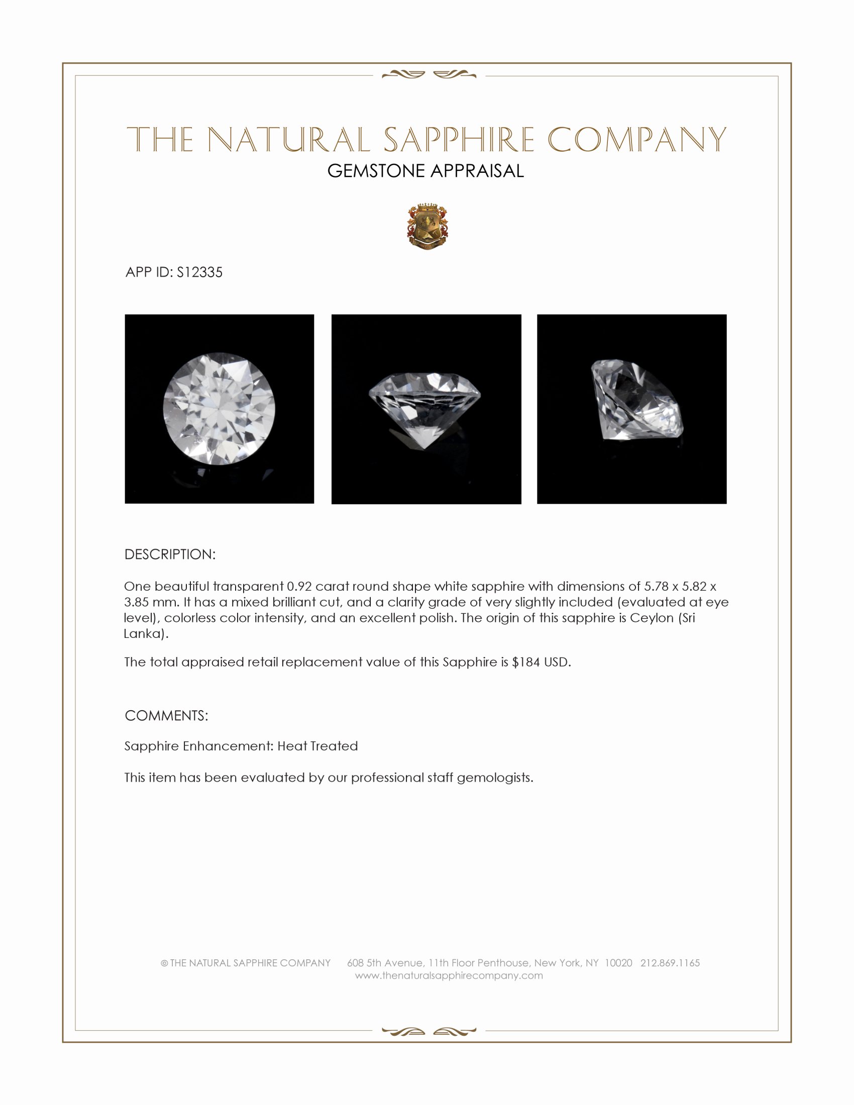 0.92 Ct. White Sapphire from Ceylon (Sri Lanka)