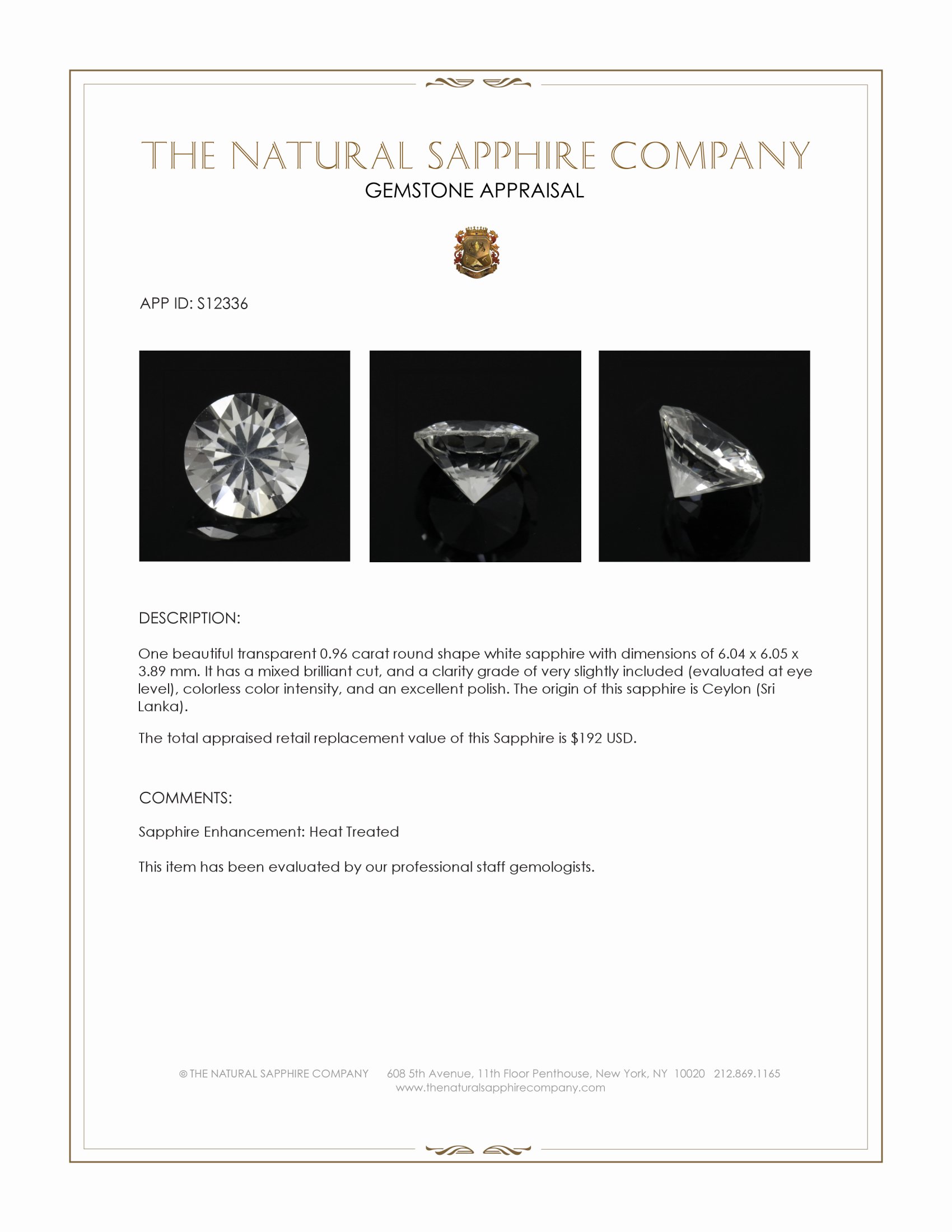 0.96 Ct. White Sapphire from Ceylon (Sri Lanka)