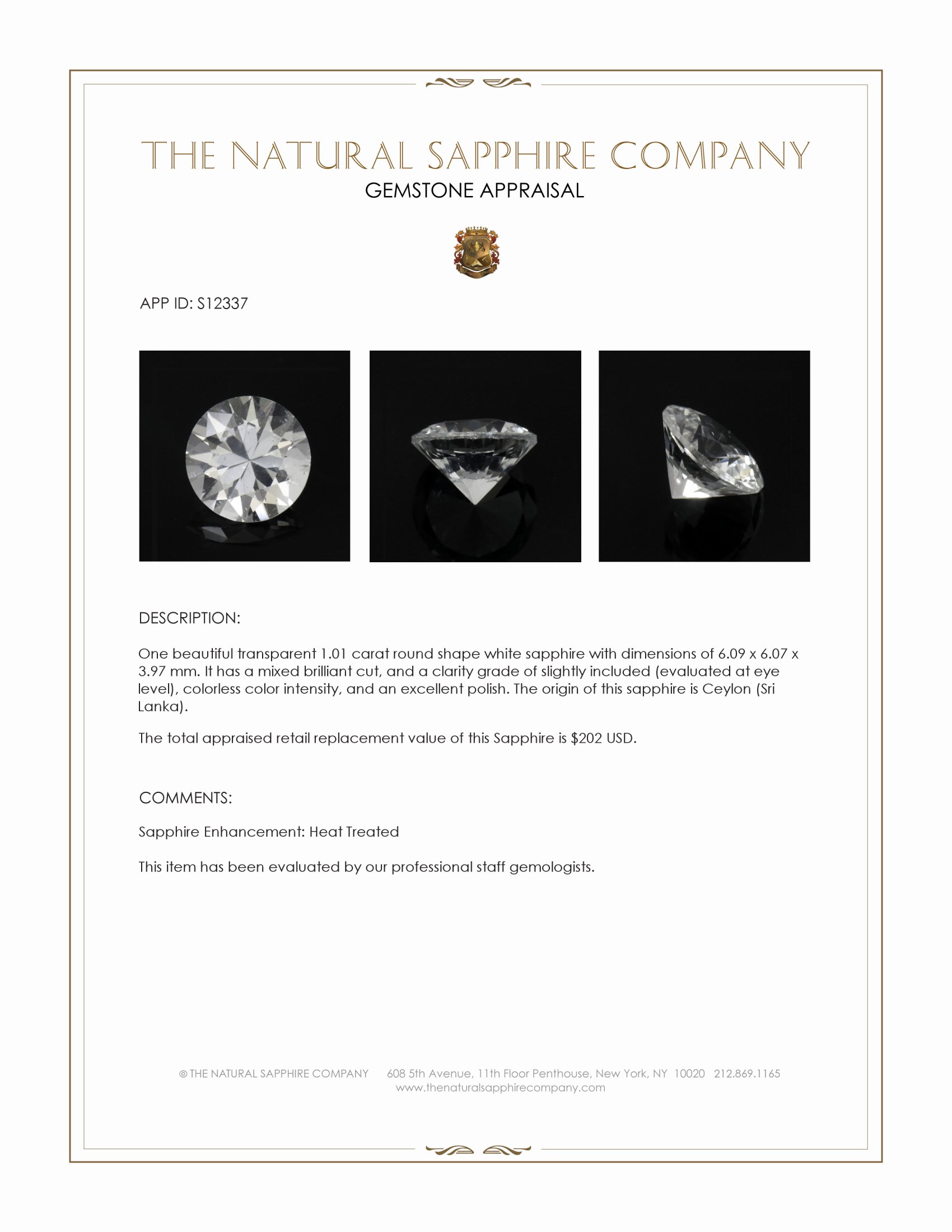 1.01 Ct. White Sapphire from Ceylon (Sri Lanka)