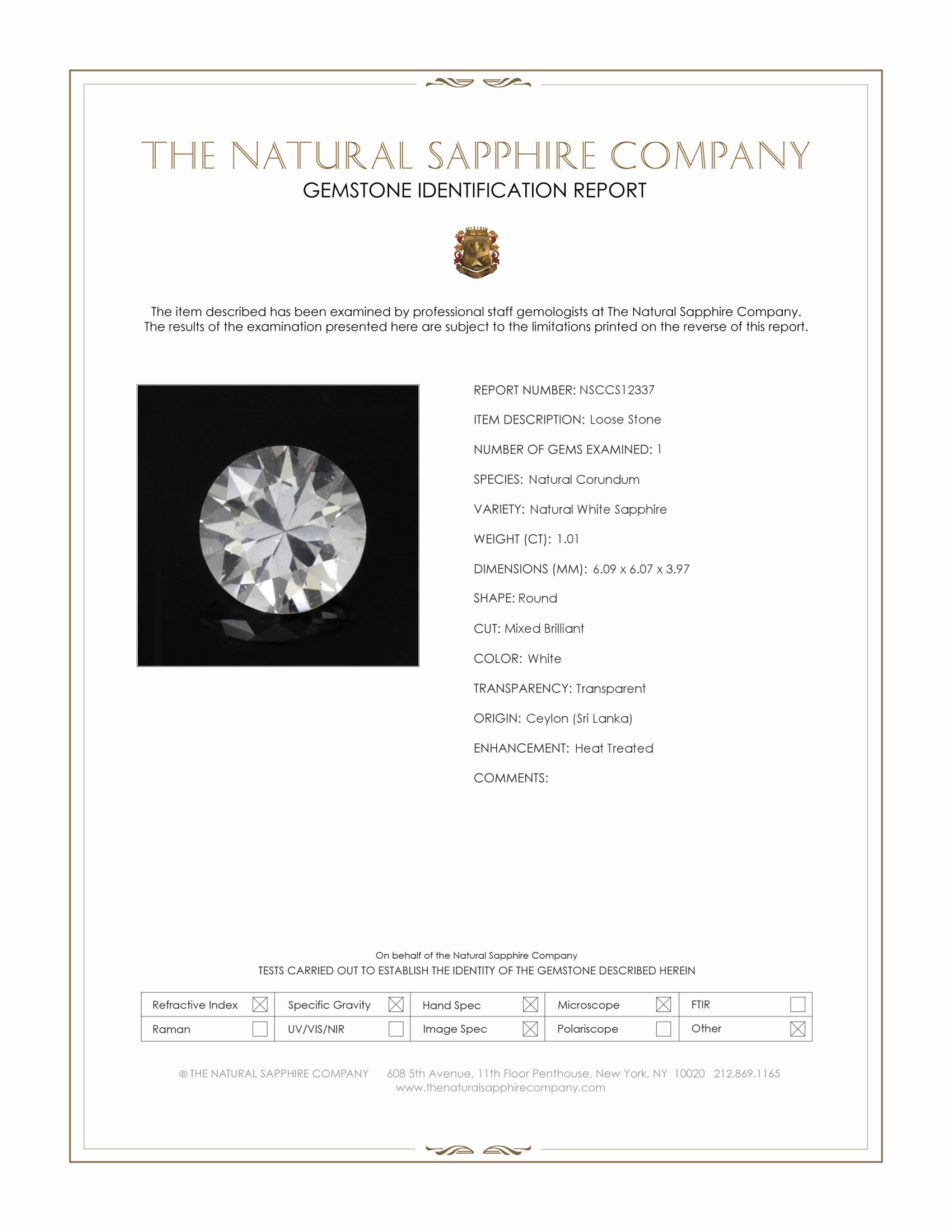 1.01 Ct. White Sapphire from Ceylon (Sri Lanka)
