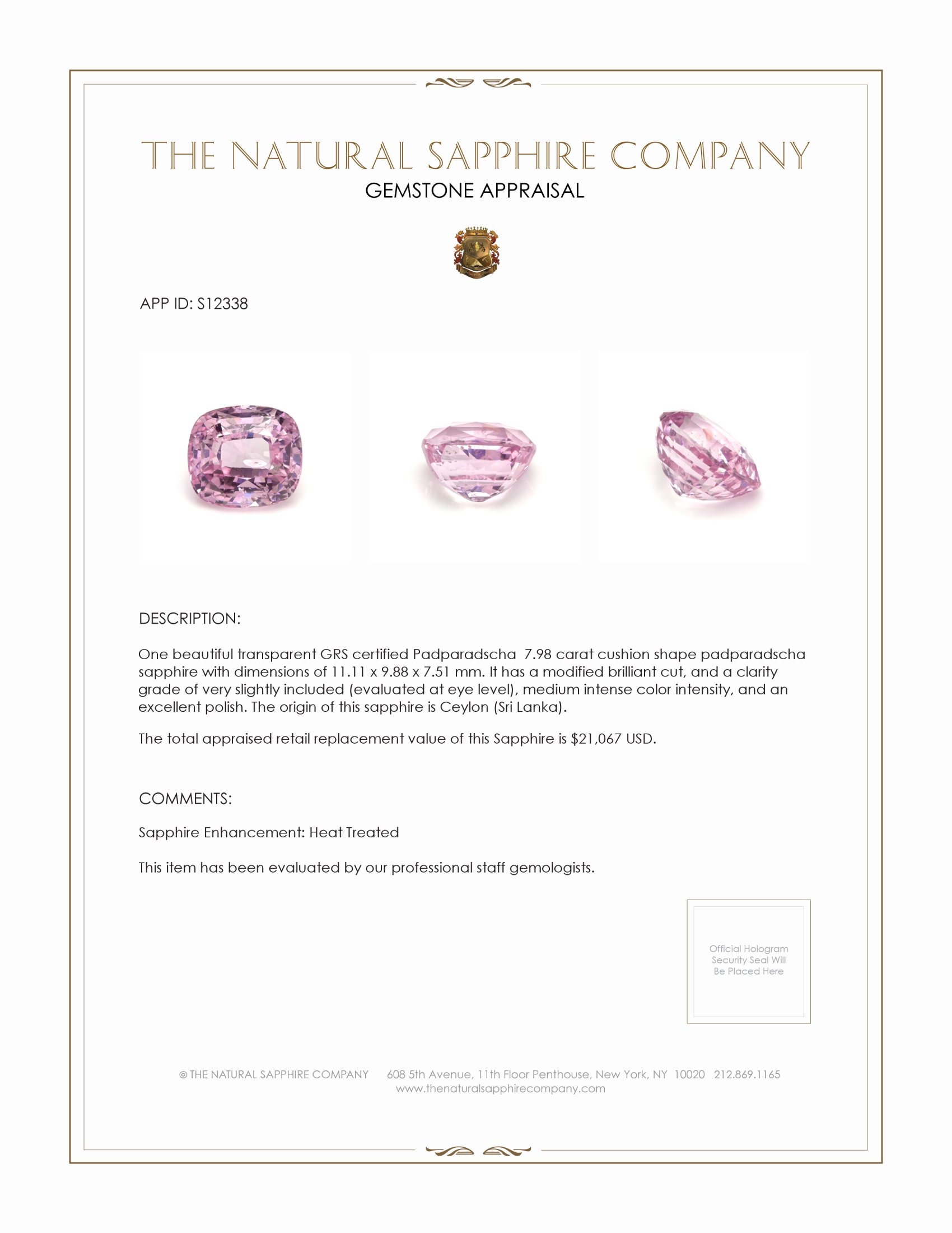 7.98 Ct. Padparadscha Sapphire from Ceylon (Sri Lanka)