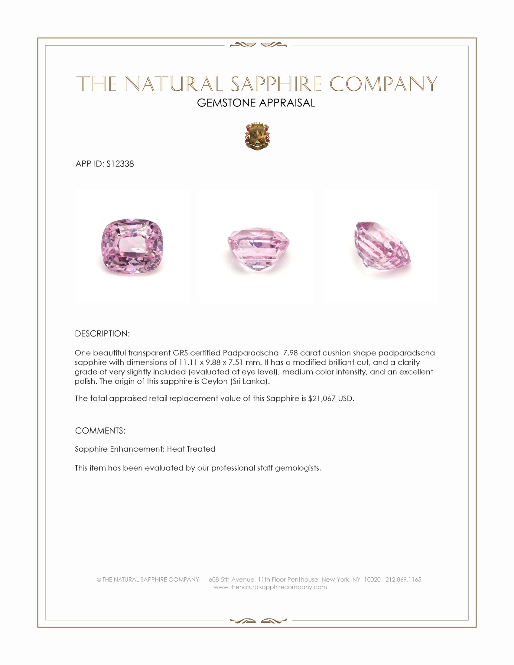 7.98 Ct. Padparadscha Sapphire from Ceylon (Sri Lanka)