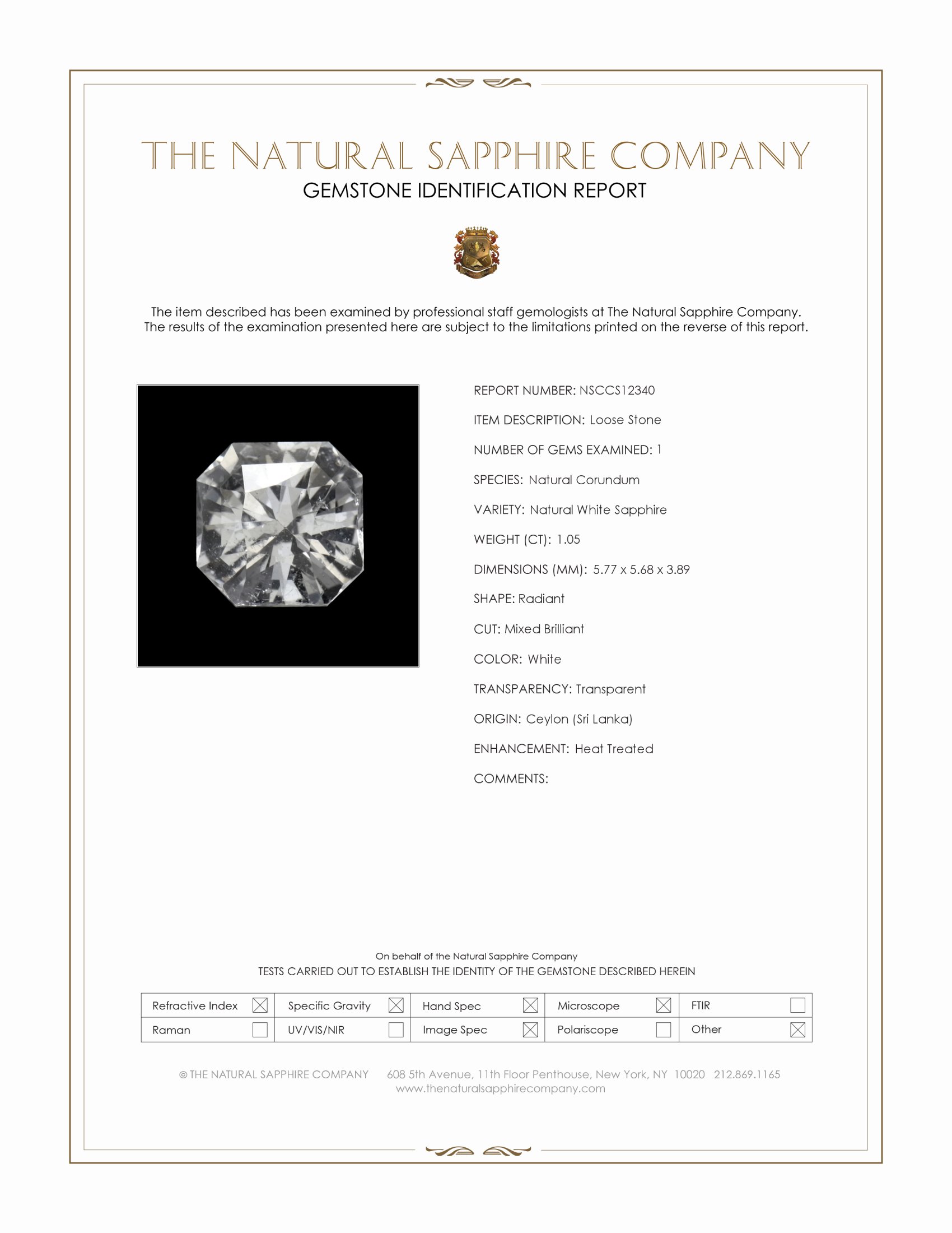 1.05 Ct. White Sapphire from Ceylon (Sri Lanka)