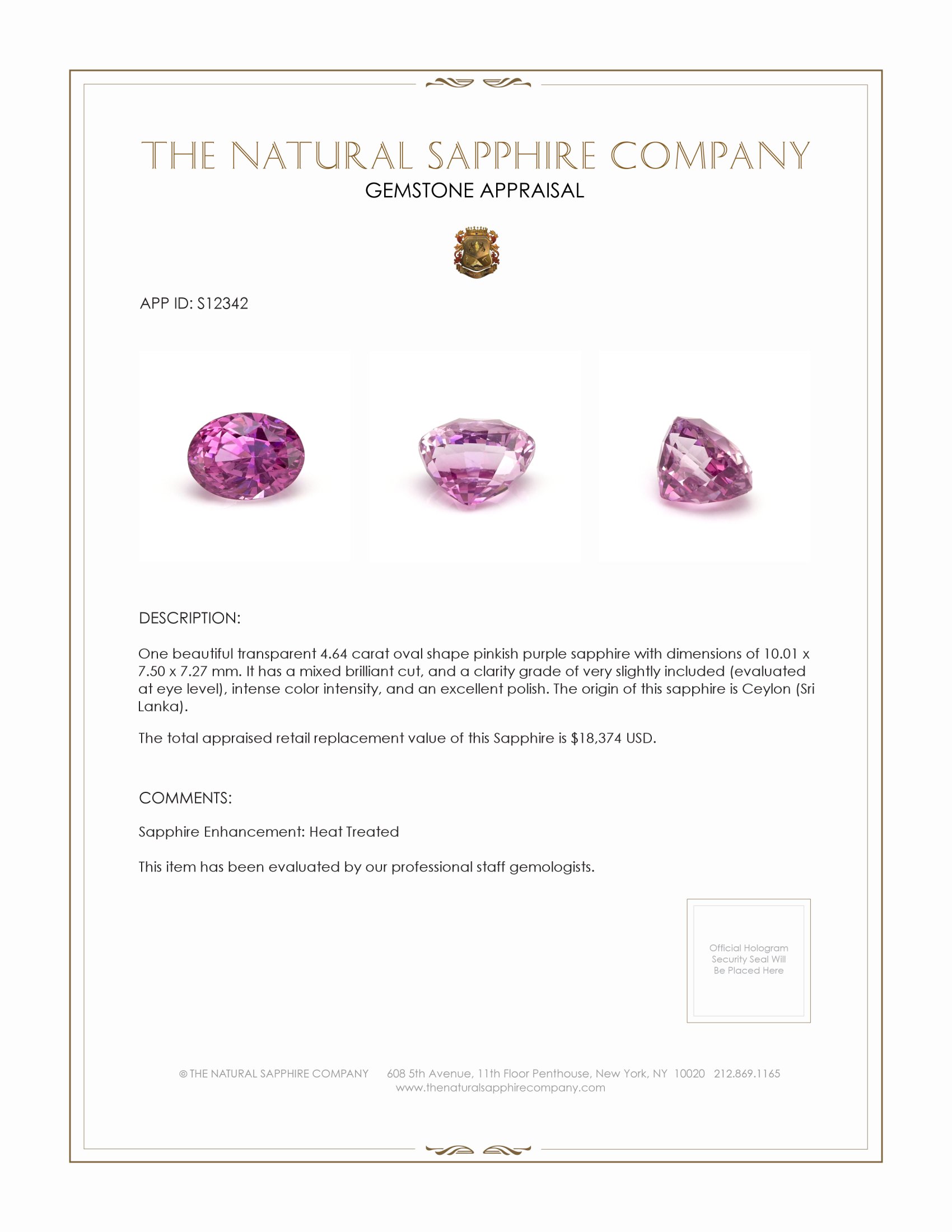 4.64 Ct. Pinkish Purple Sapphire from Ceylon (Sri Lanka)