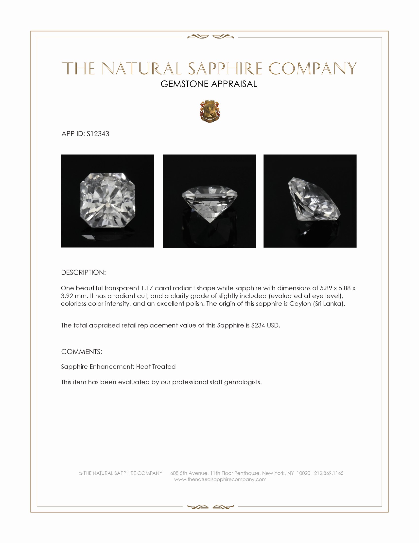 1.17 Ct. White Sapphire from Ceylon (Sri Lanka)