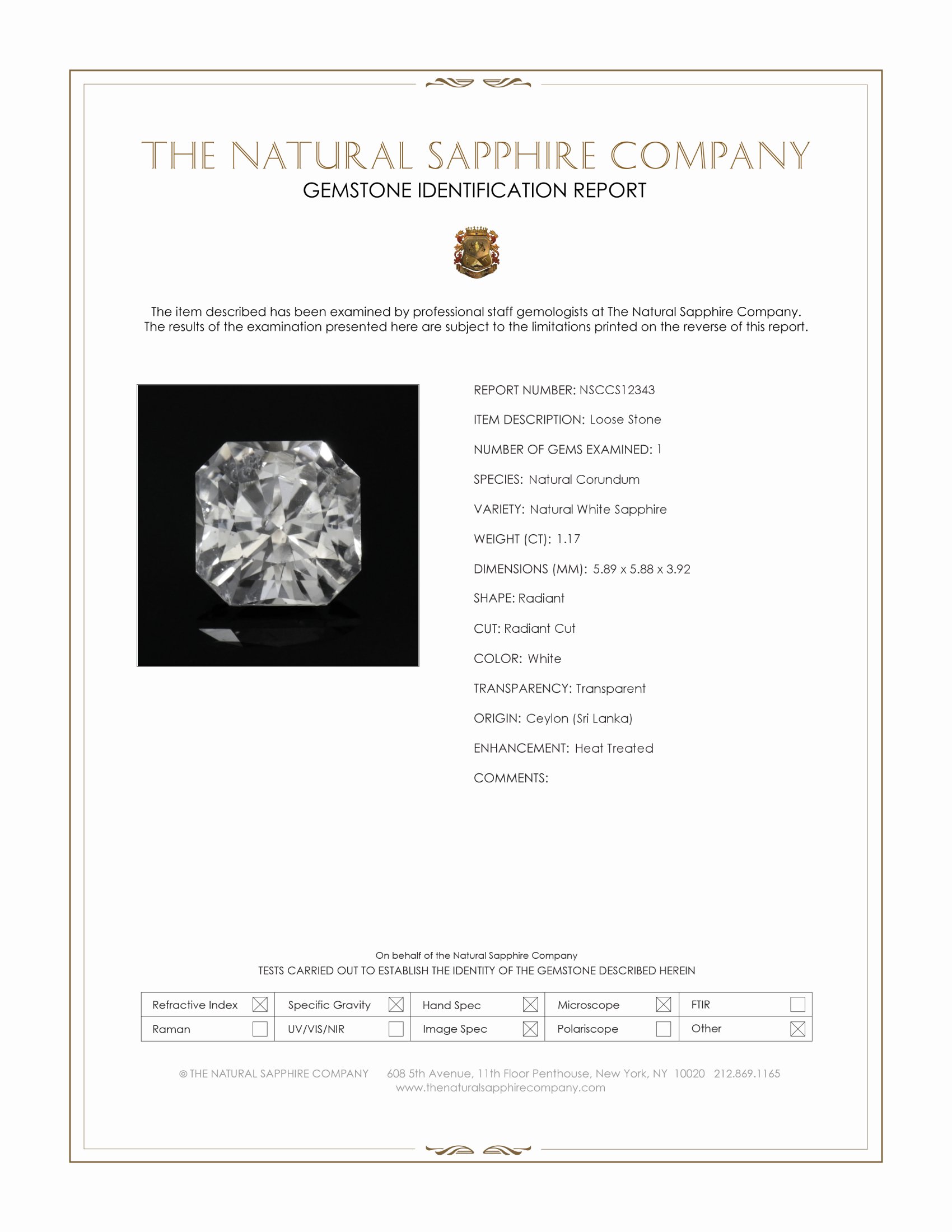 1.17 Ct. White Sapphire from Ceylon (Sri Lanka)